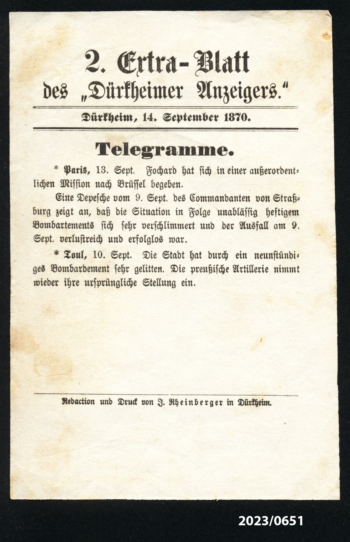 2. Extra-Blatt des "Dürkheimer Anzeigers." 14.9.1870 (Stadtmuseum Bad Dürkheim im Kulturzentrum Haus Catoir CC BY-NC-SA)