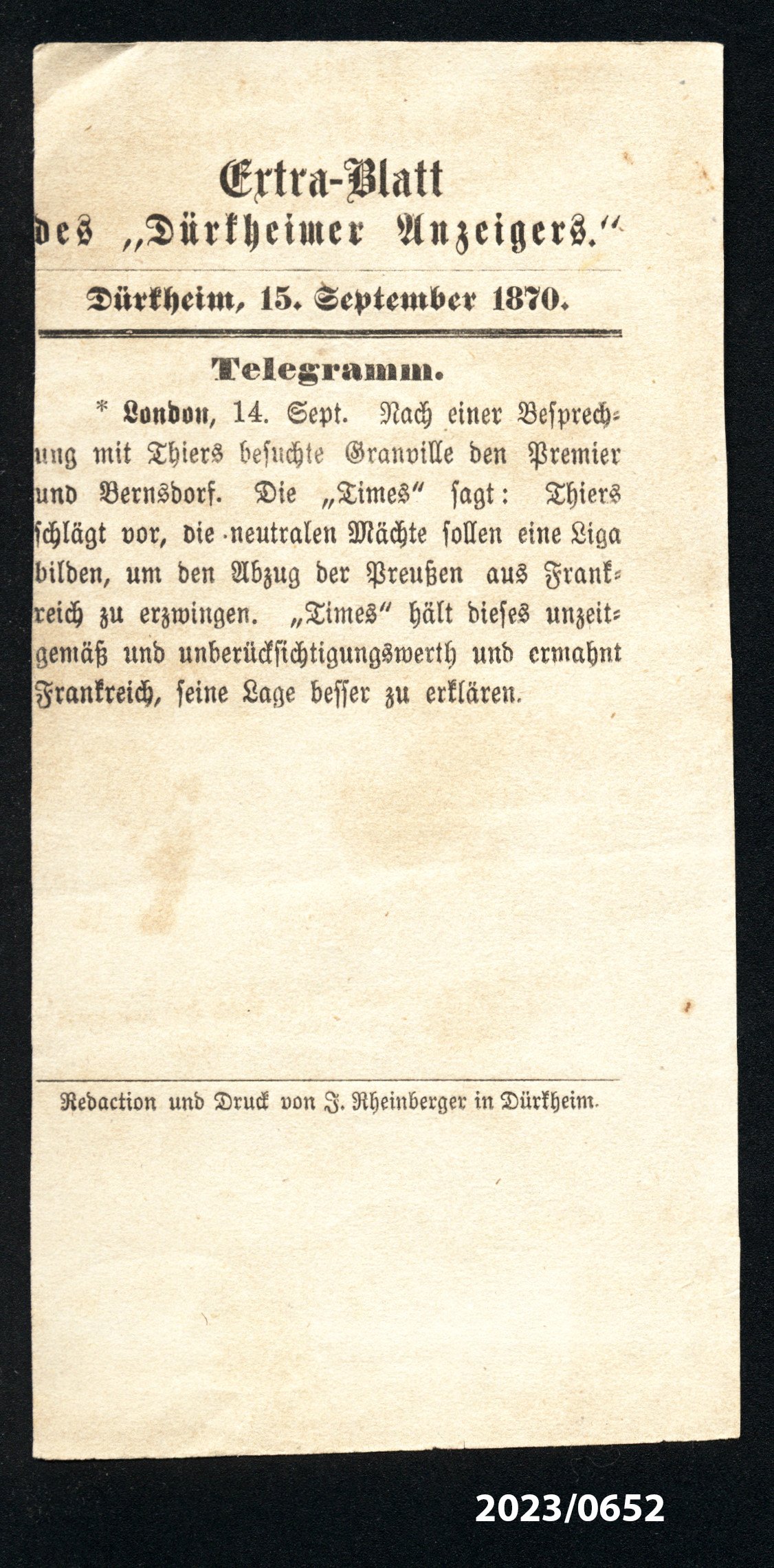 Extra-Blatt des "Dürkheimer Anzeigers." 15.9.1870 (Stadtmuseum Bad Dürkheim im Kulturzentrum Haus Catoir CC BY-NC-SA)