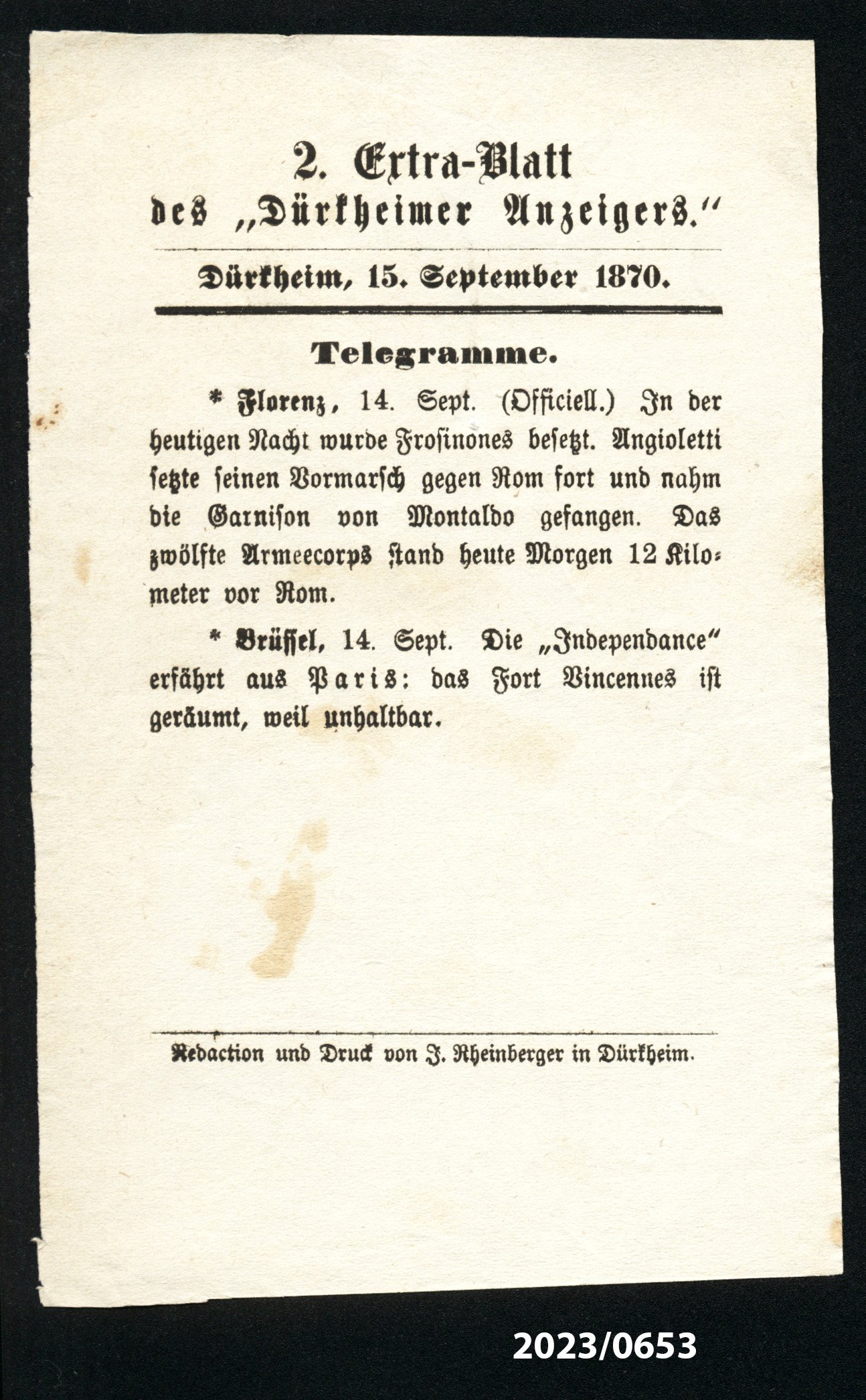 2. Extra-Blatt des "Dürkheimer Anzeigers." 15.9.1870 (Stadtmuseum Bad Dürkheim im Kulturzentrum Haus Catoir CC BY-NC-SA)