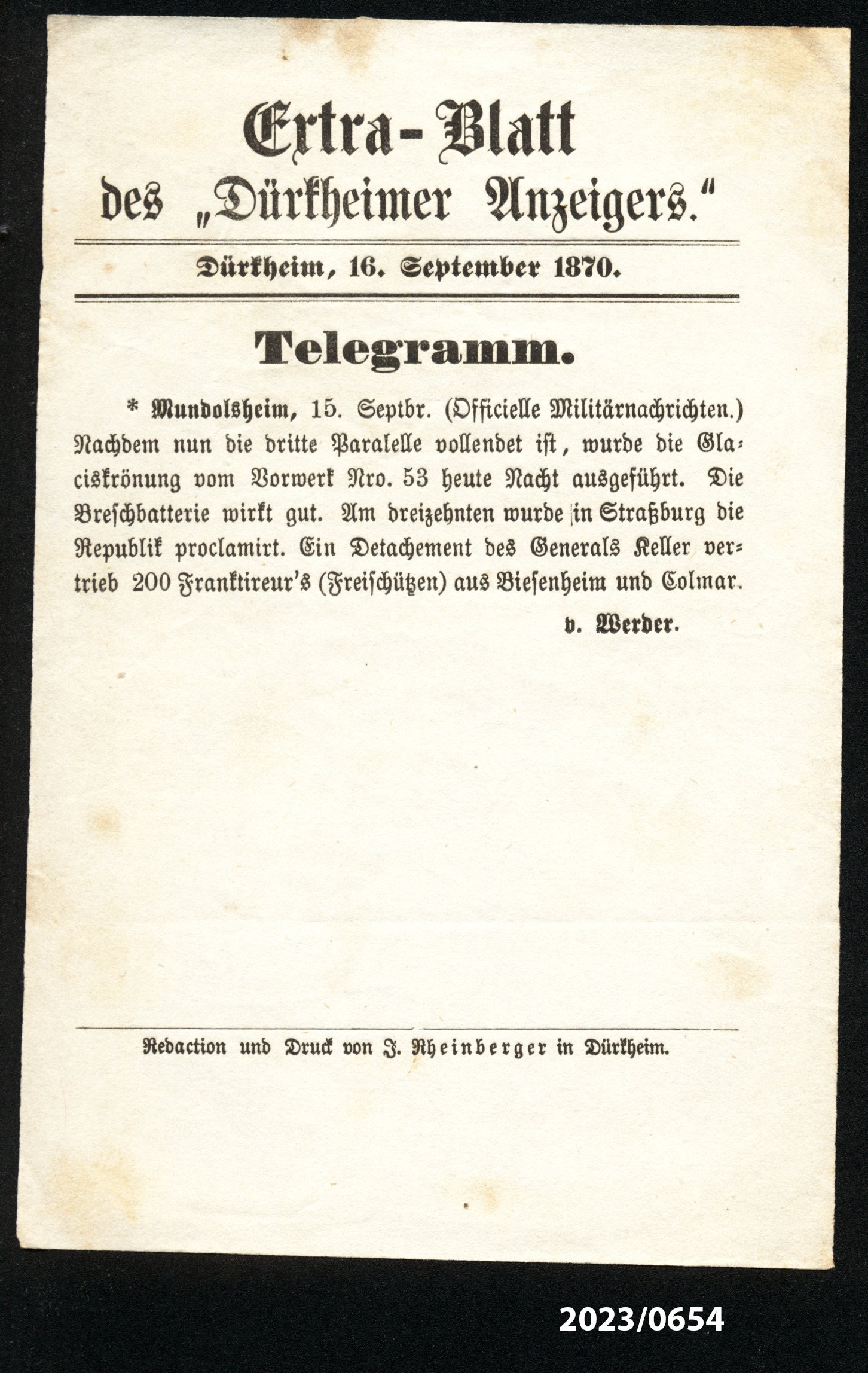 Extra-Blatt des "Dürkheimer Anzeigers." 16.9.1870 (Stadtmuseum Bad Dürkheim im Kulturzentrum Haus Catoir CC BY-NC-SA)