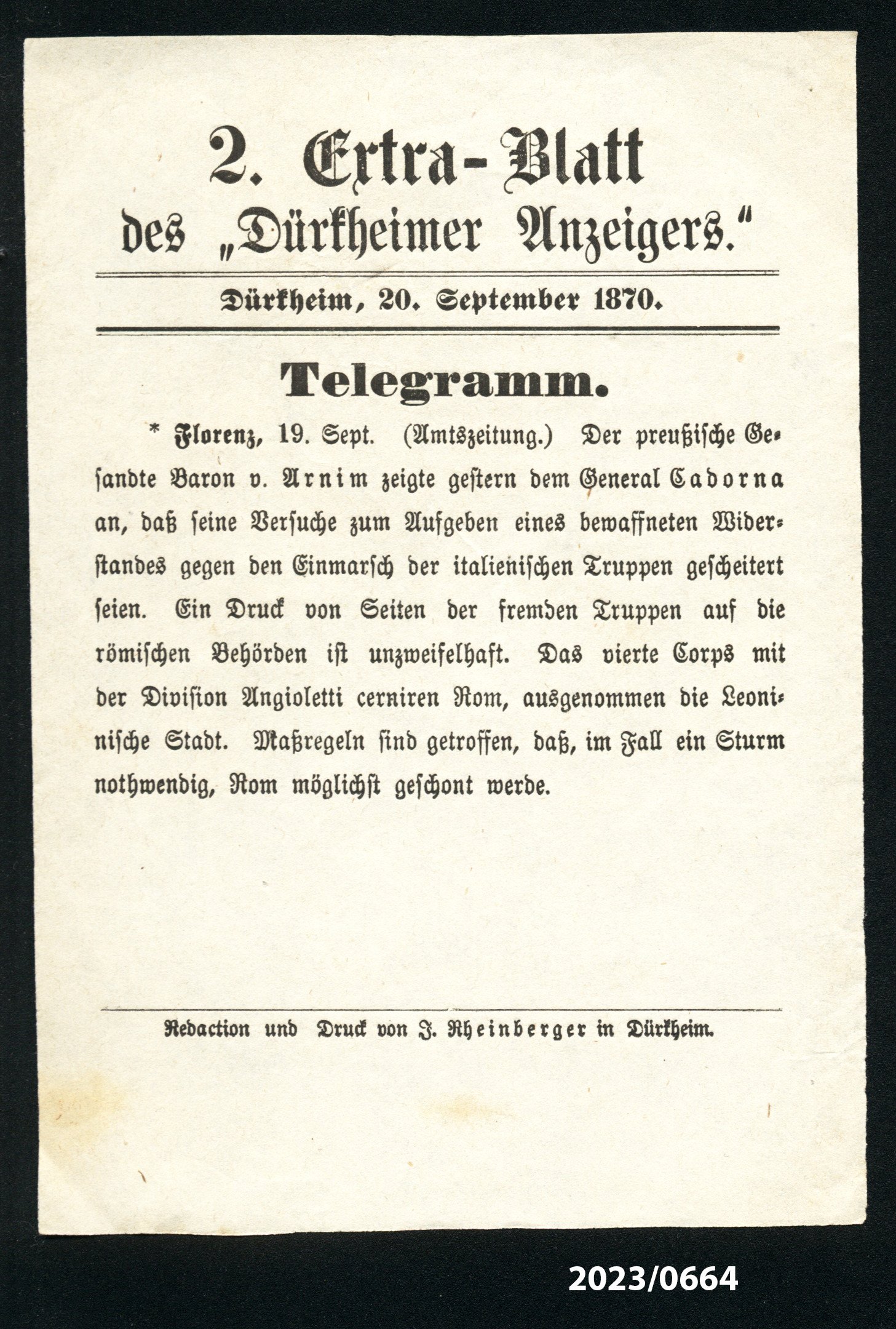 2. Extra-Blatt des "Dürkheimer Anzeigers." 20.9.1870 (Stadtmuseum Bad Dürkheim im Kulturzentrum Haus Catoir CC BY-NC-SA)