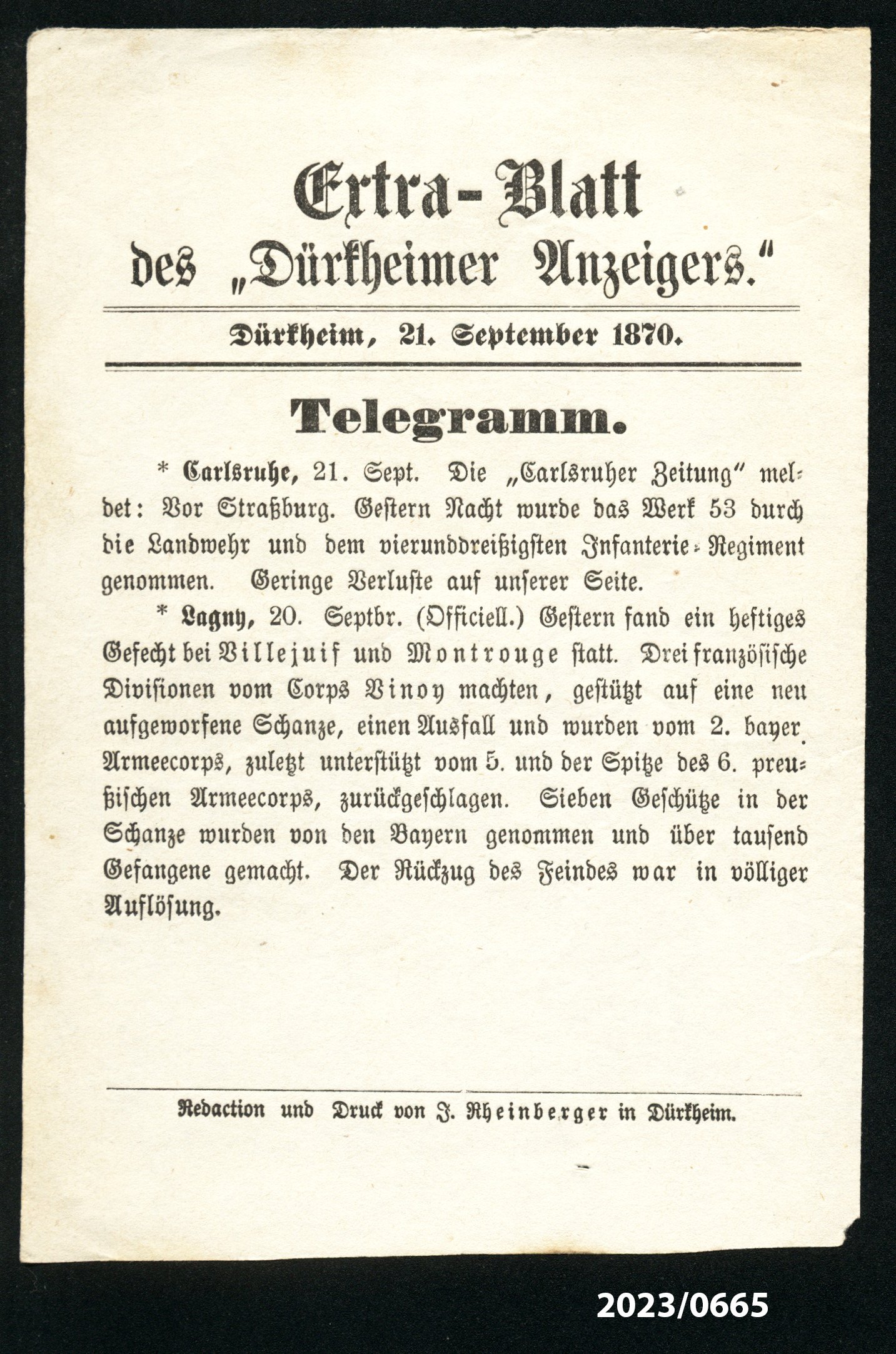 Extra-Blatt des "Dürkheimer Anzeigers." 21.9.1870 (Stadtmuseum Bad Dürkheim im Kulturzentrum Haus Catoir CC BY-NC-SA)
