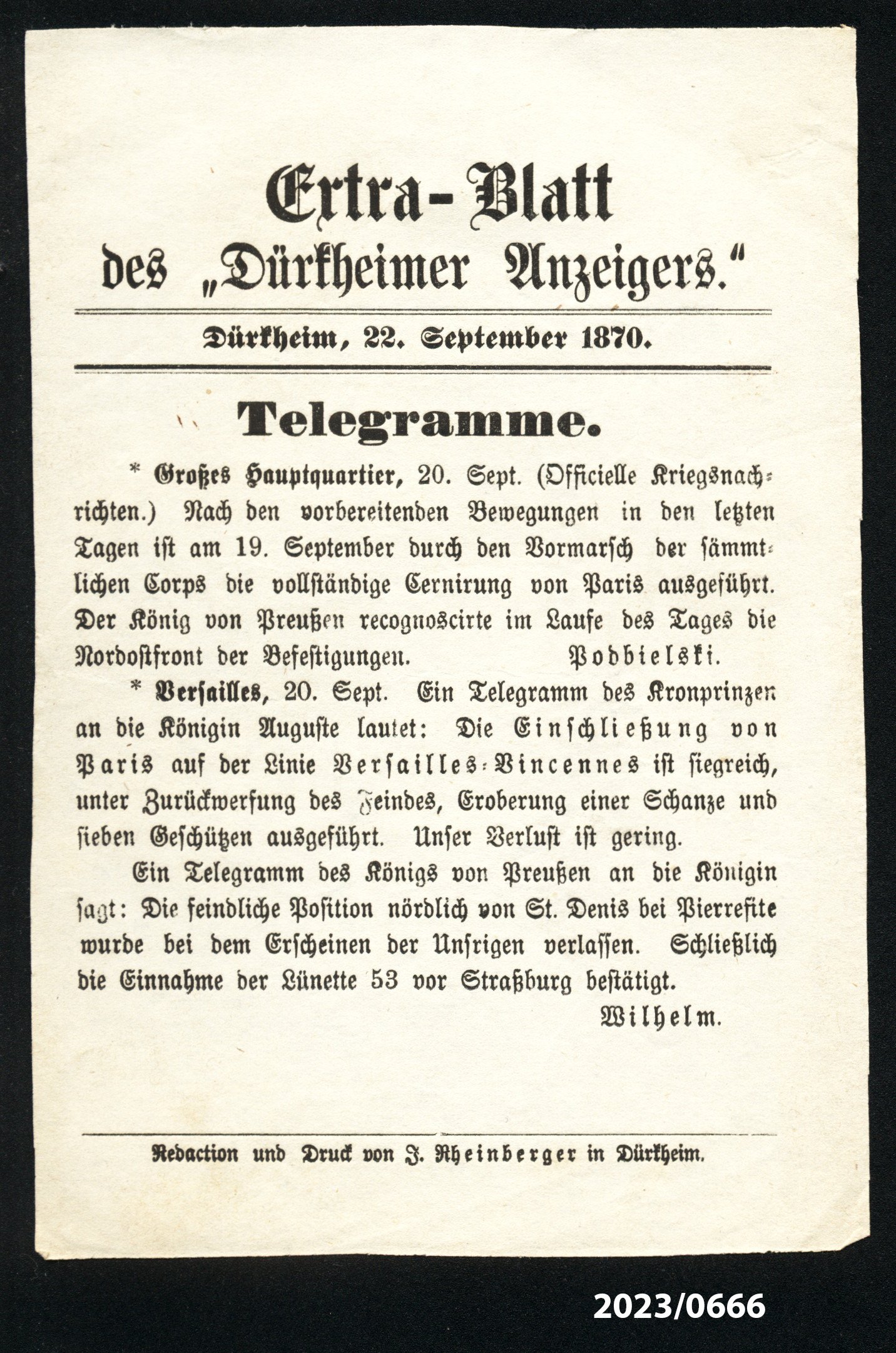 Extra-Blatt des "Dürkheimer Anzeigers." 22.9.1870 (Stadtmuseum Bad Dürkheim im Kulturzentrum Haus Catoir CC BY-NC-SA)