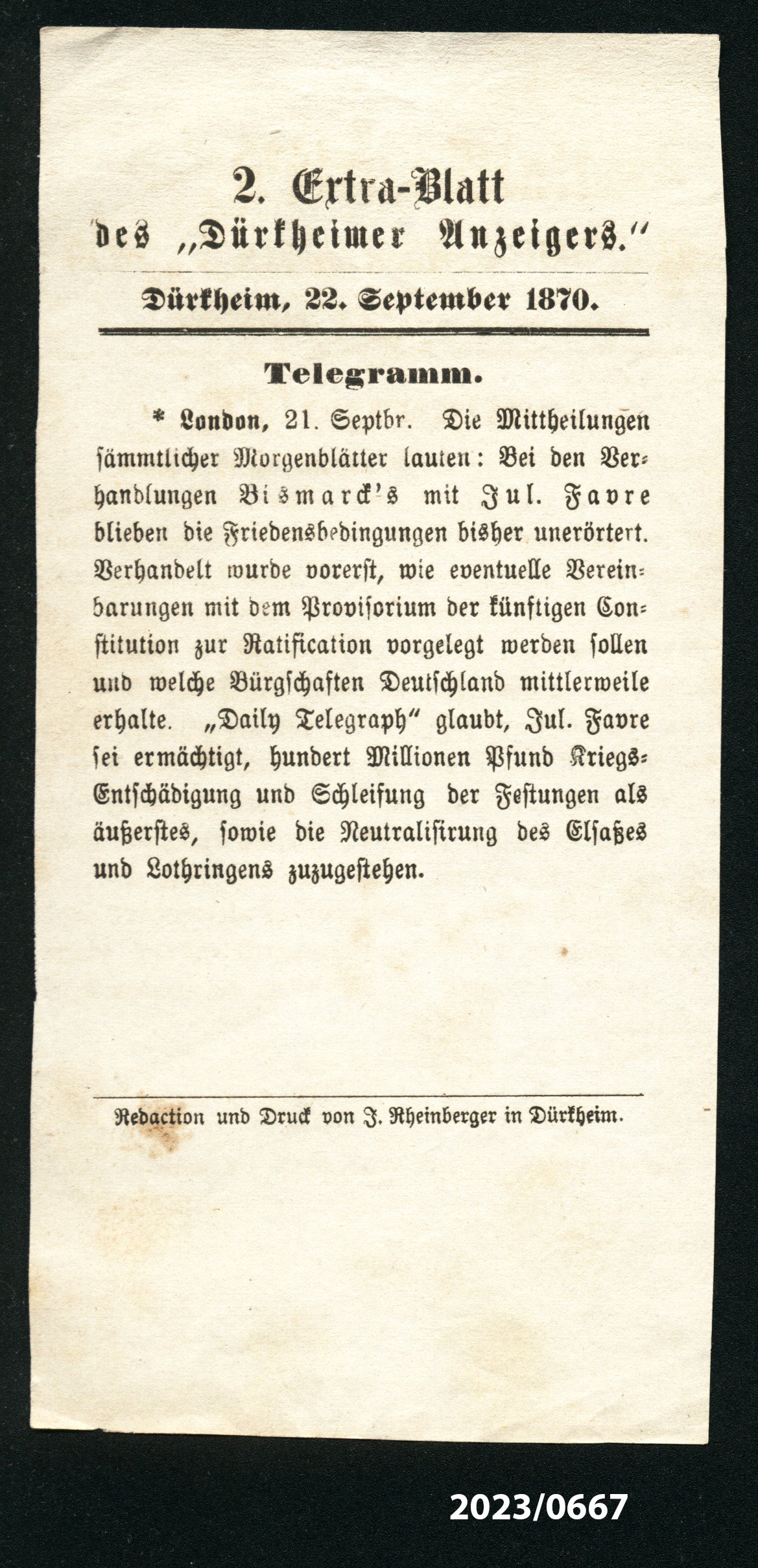 2. Extra-Blatt des "Dürkheimer Anzeigers." 22.9.1870 (Stadtmuseum Bad Dürkheim im Kulturzentrum Haus Catoir CC BY-NC-SA)
