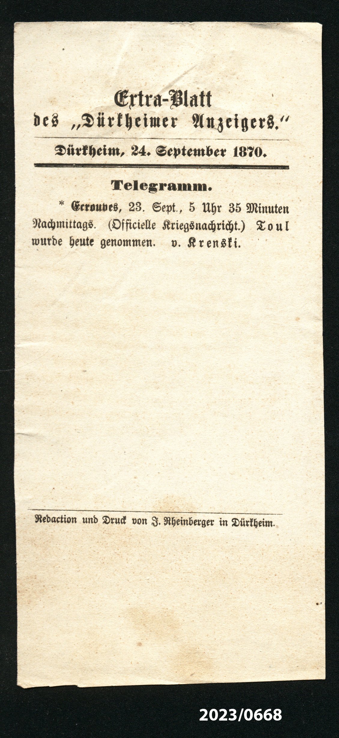 Extra-Blatt des "Dürkheimer Anzeigers." 24.9.1870 (Stadtmuseum Bad Dürkheim im Kulturzentrum Haus Catoir CC BY-NC-SA)