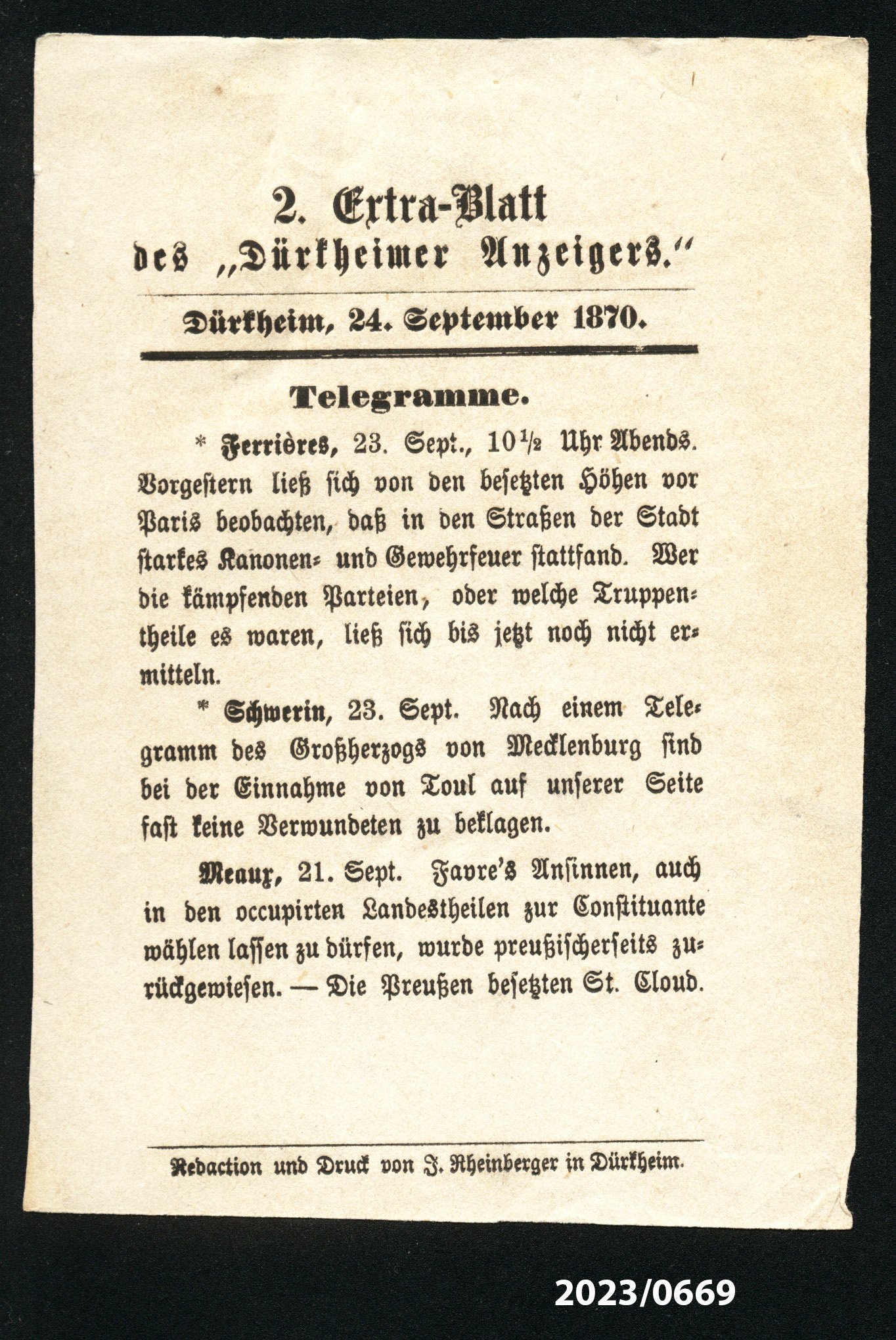 2. Extra-Blatt des "Dürkheimer Anzeigers." 24.9.1870 (Stadtmuseum Bad Dürkheim im Kulturzentrum Haus Catoir CC BY-NC-SA)
