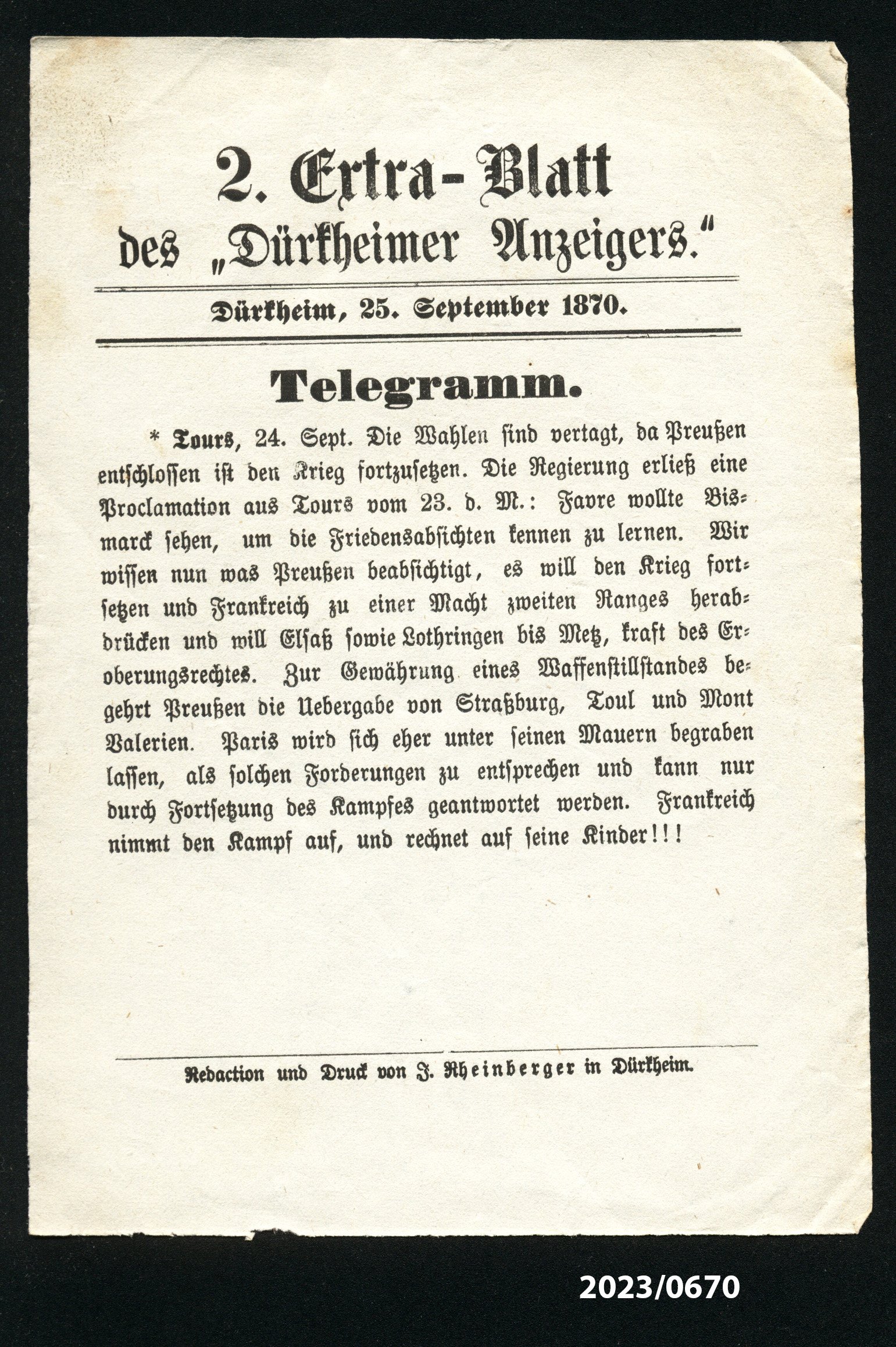 2. Extra-Blatt des "Dürkheimer Anzeigers." 25.9.1870 (Stadtmuseum Bad Dürkheim im Kulturzentrum Haus Catoir CC BY-NC-SA)