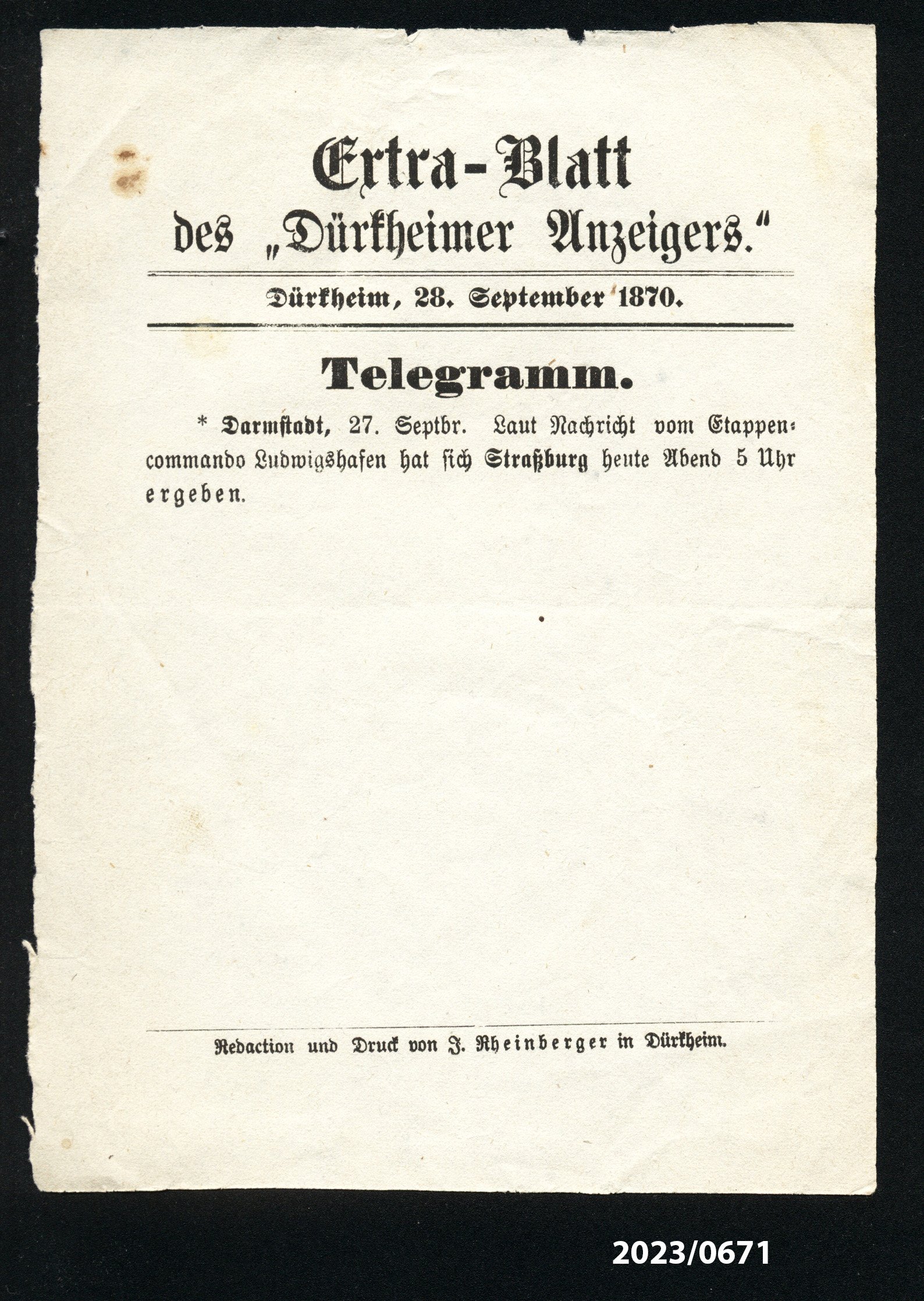 Extra-Blatt des "Dürkheimer Anzeigers." 28.9.1870 (Stadtmuseum Bad Dürkheim im Kulturzentrum Haus Catoir CC BY-NC-SA)