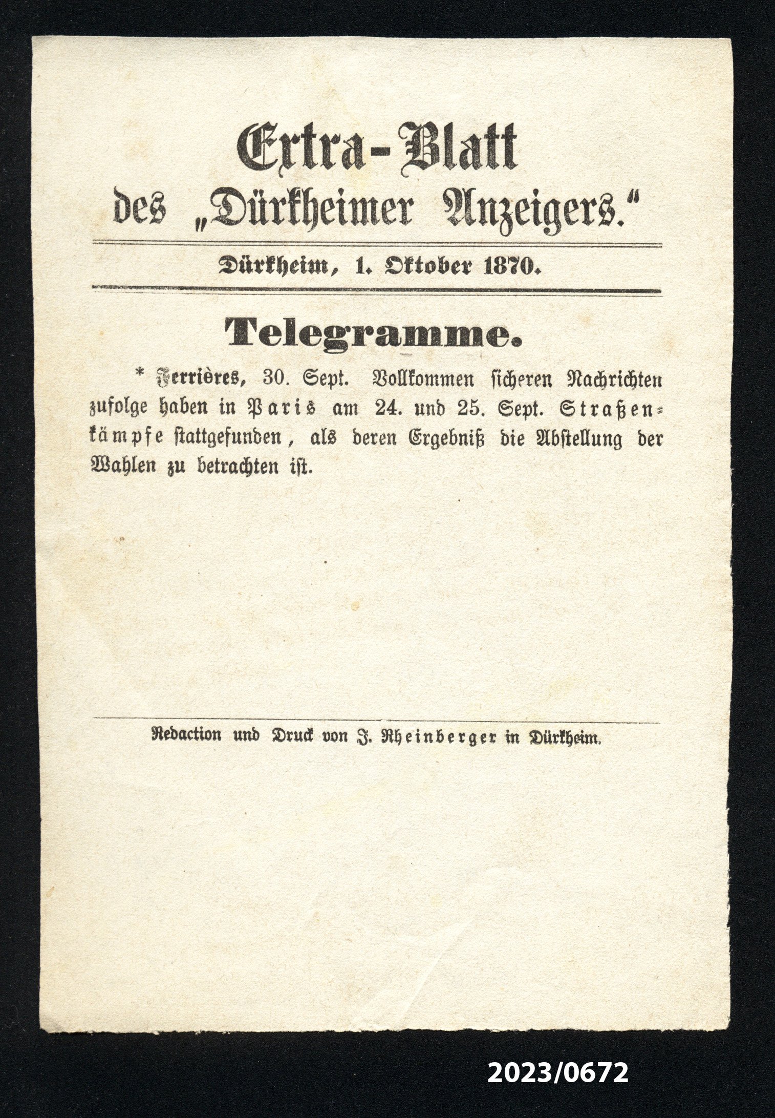 Extra-Blatt des "Dürkheimer Anzeigers." 1.10.1870 (Stadtmuseum Bad Dürkheim im Kulturzentrum Haus Catoir CC BY-NC-SA)