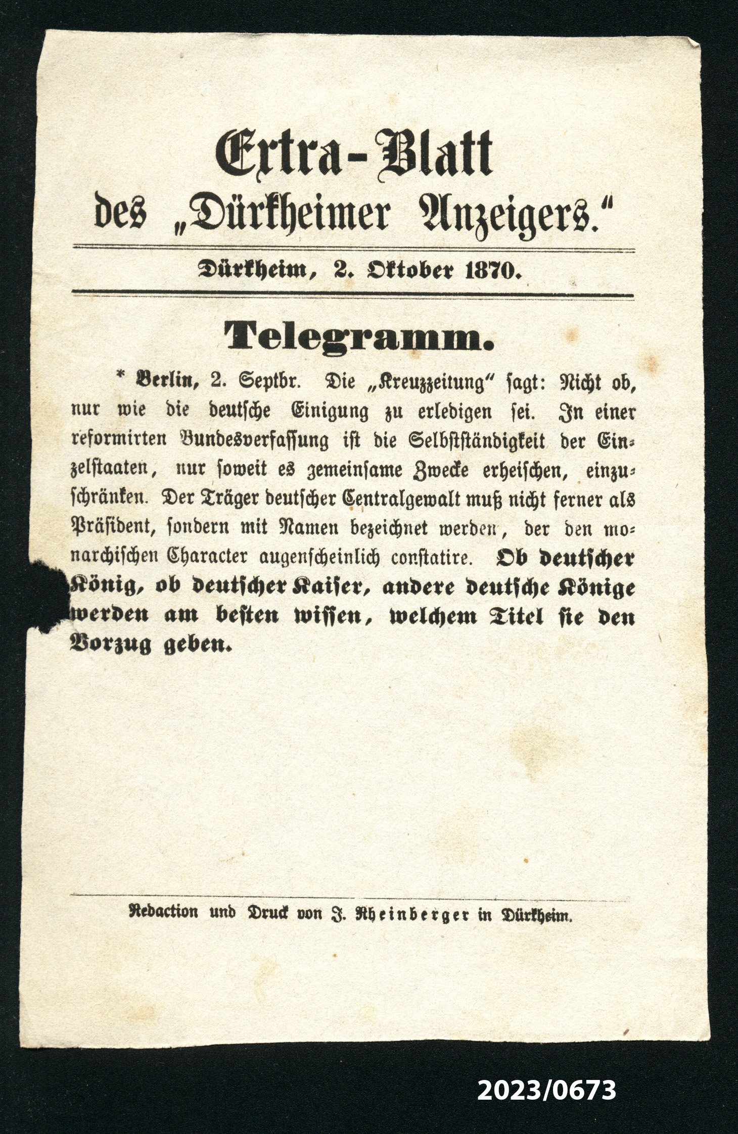 Extra-Blatt des "Dürkheimer Anzeigers." 2.10.1870 (Stadtmuseum Bad Dürkheim im Kulturzentrum Haus Catoir CC BY-NC-SA)