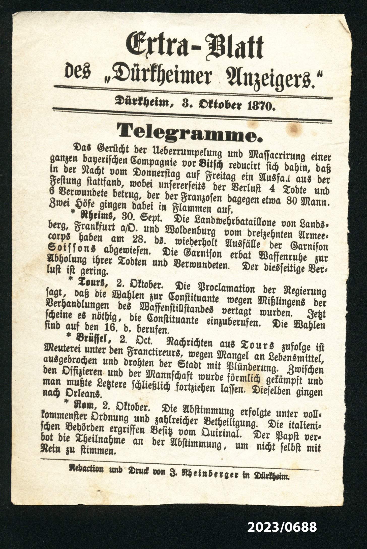 Extra-Blatt des "Dürkheimer Anzeigers." 3.10.1870 (Stadtmuseum Bad Dürkheim im Kulturzentrum Haus Catoir CC BY-NC-SA)