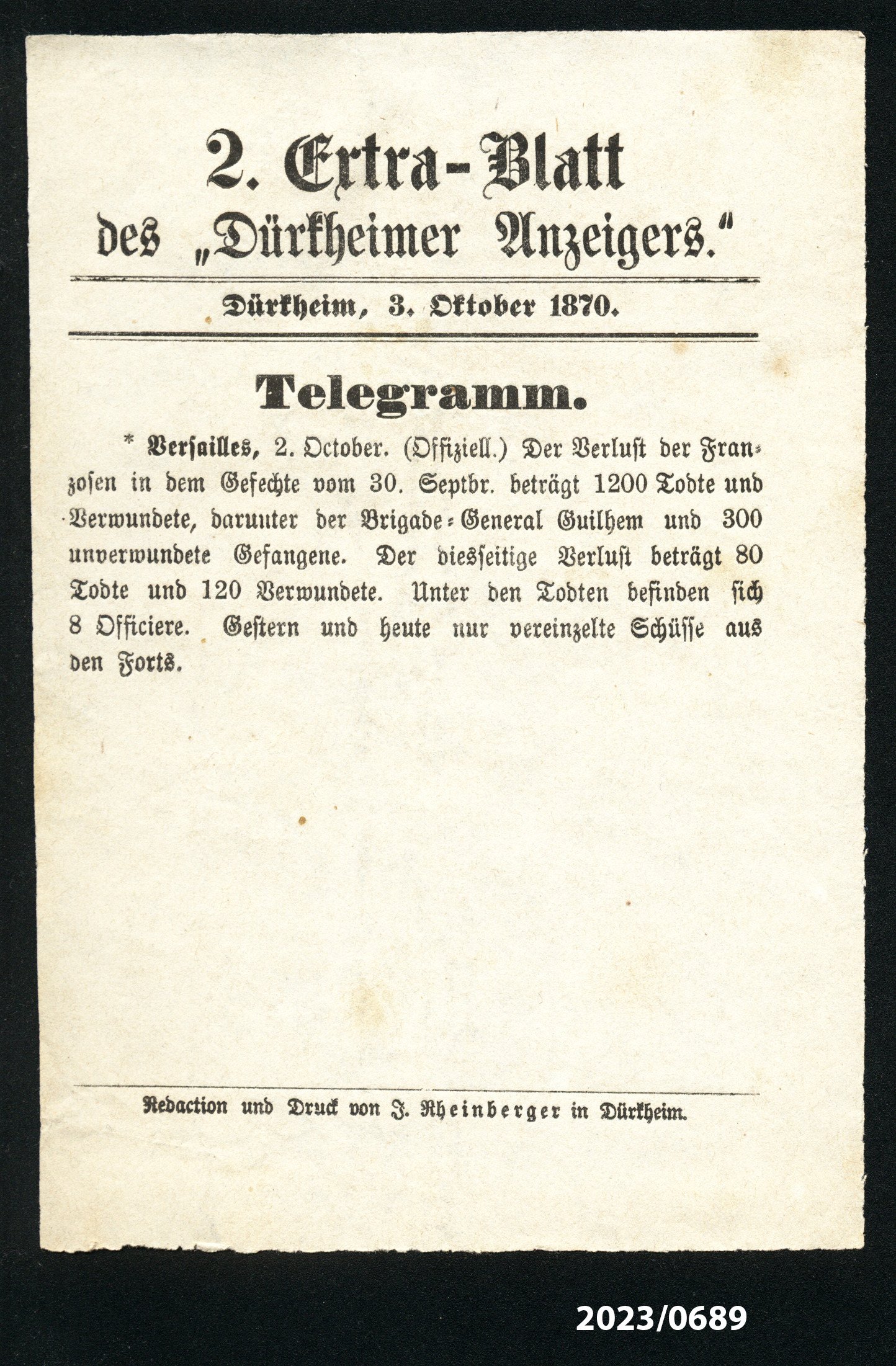 2. Extra-Blatt des "Dürkheimer Anzeigers." 3.10.1870 (Stadtmuseum Bad Dürkheim im Kulturzentrum Haus Catoir CC BY-NC-SA)
