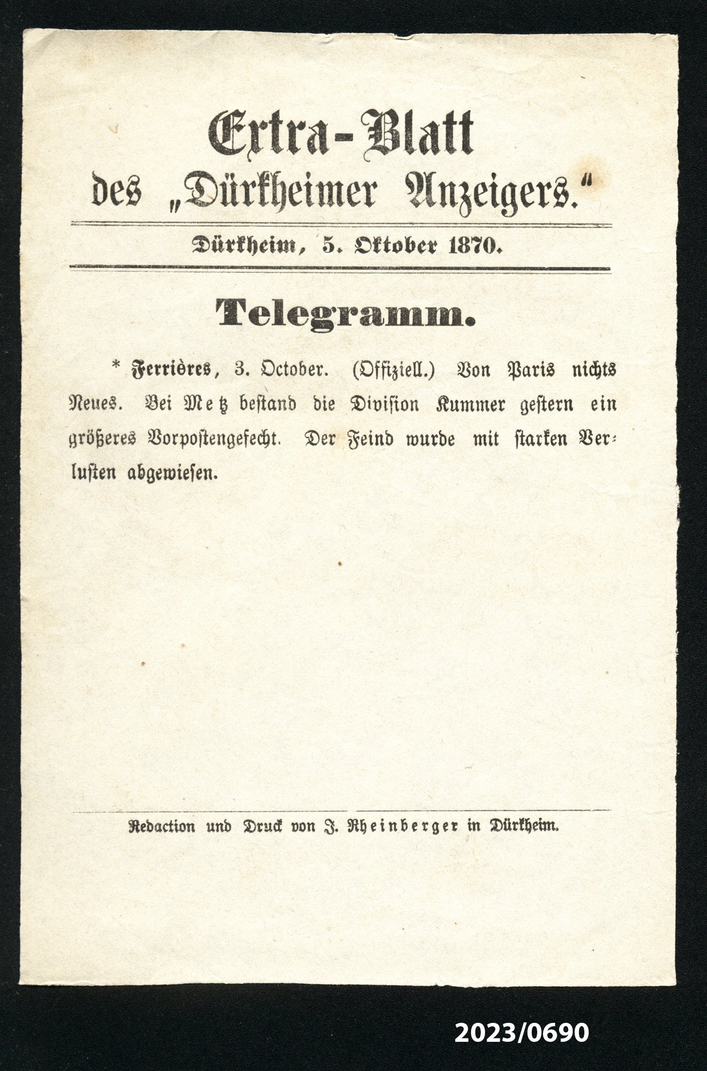 Extra-Blatt des "Dürkheimer Anzeigers." 5.10.1870 (Stadtmuseum Bad Dürkheim im Kulturzentrum Haus Catoir CC BY-NC-SA)