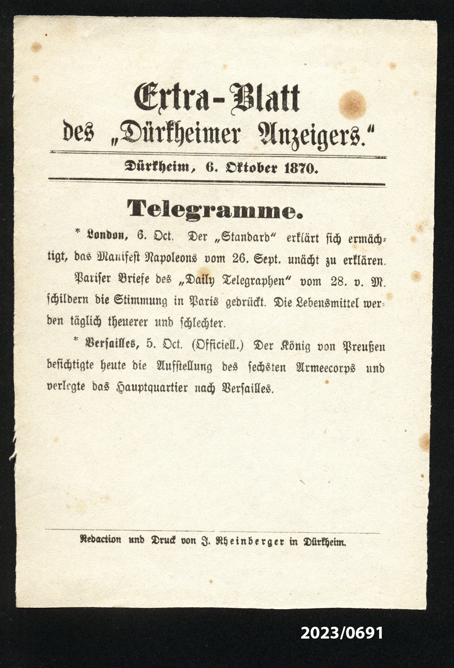 Extra-Blatt des "Dürkheimer Anzeigers." 6.10.1870 (Stadtmuseum Bad Dürkheim im Kulturzentrum Haus Catoir CC BY-NC-SA)