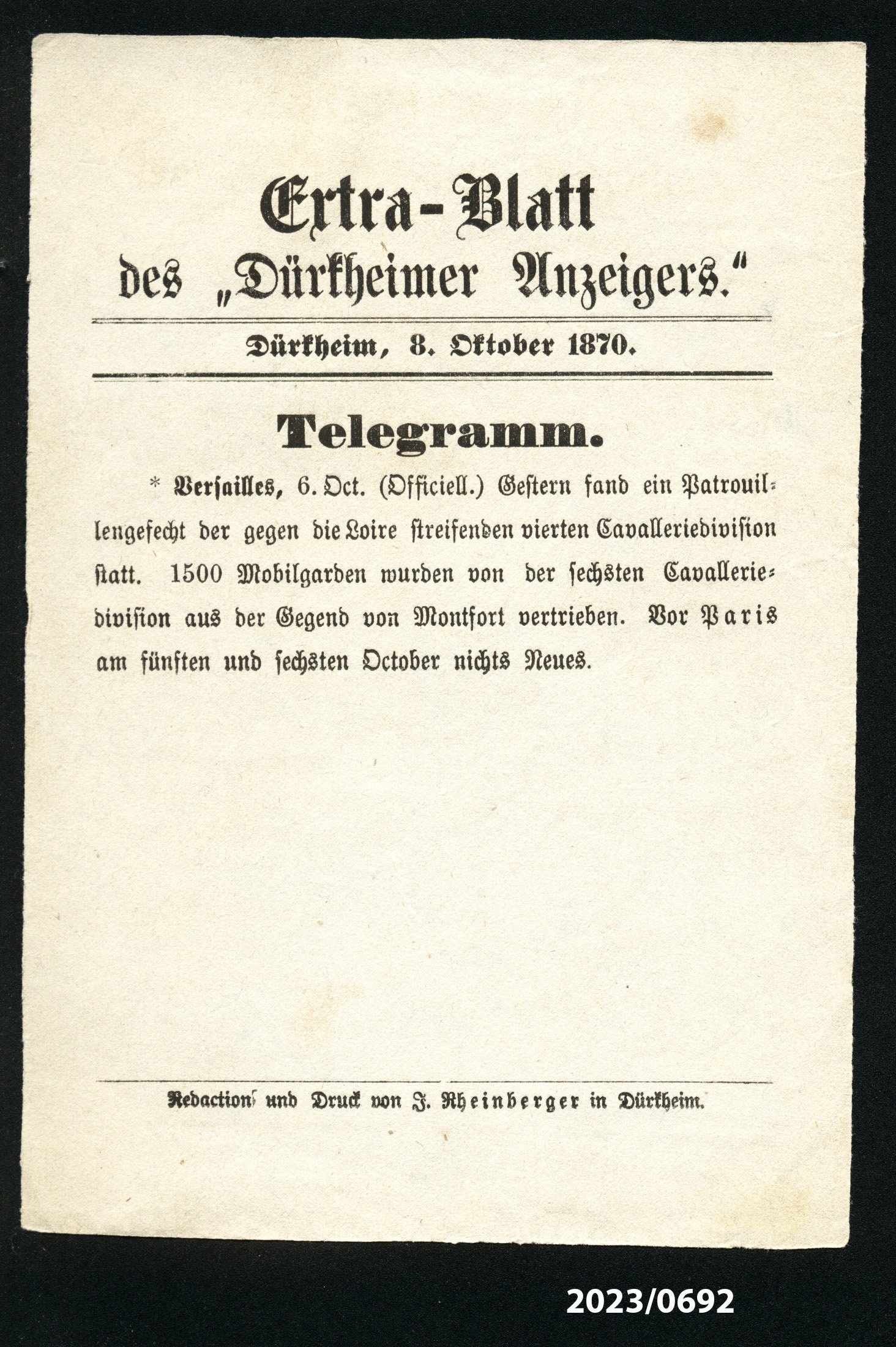 Extra-Blatt des "Dürkheimer Anzeigers." 8.10.1870 (Stadtmuseum Bad Dürkheim im Kulturzentrum Haus Catoir CC BY-NC-SA)