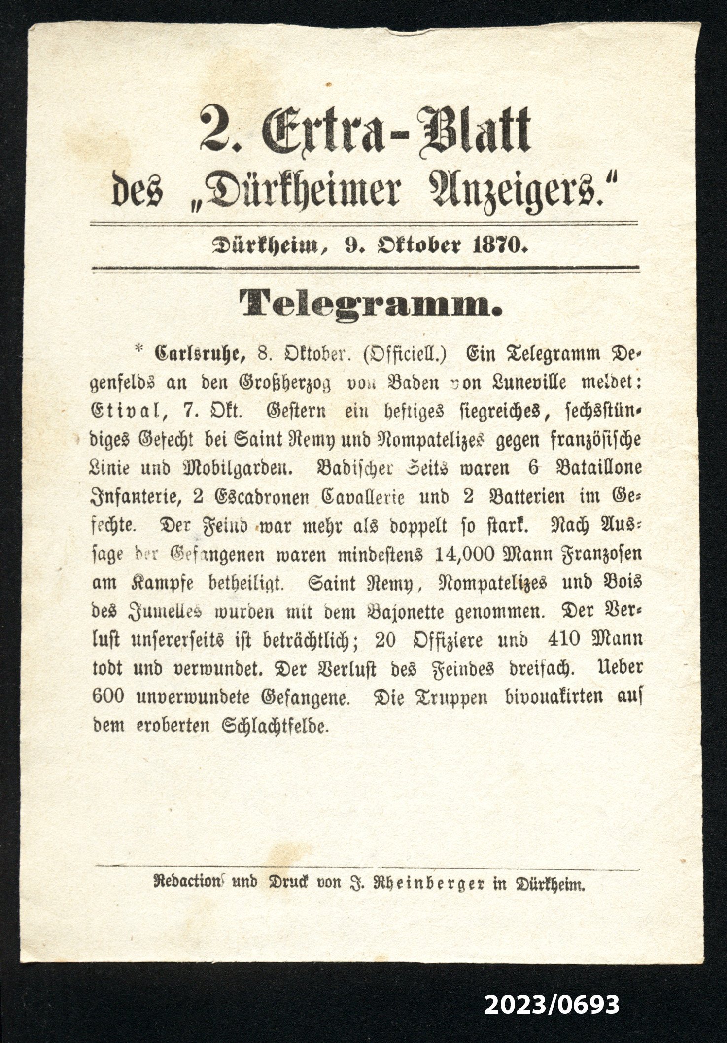 Extra-Blatt des "Dürkheimer Anzeigers." 9.10.1870 (Stadtmuseum Bad Dürkheim im Kulturzentrum Haus Catoir CC BY-NC-SA)