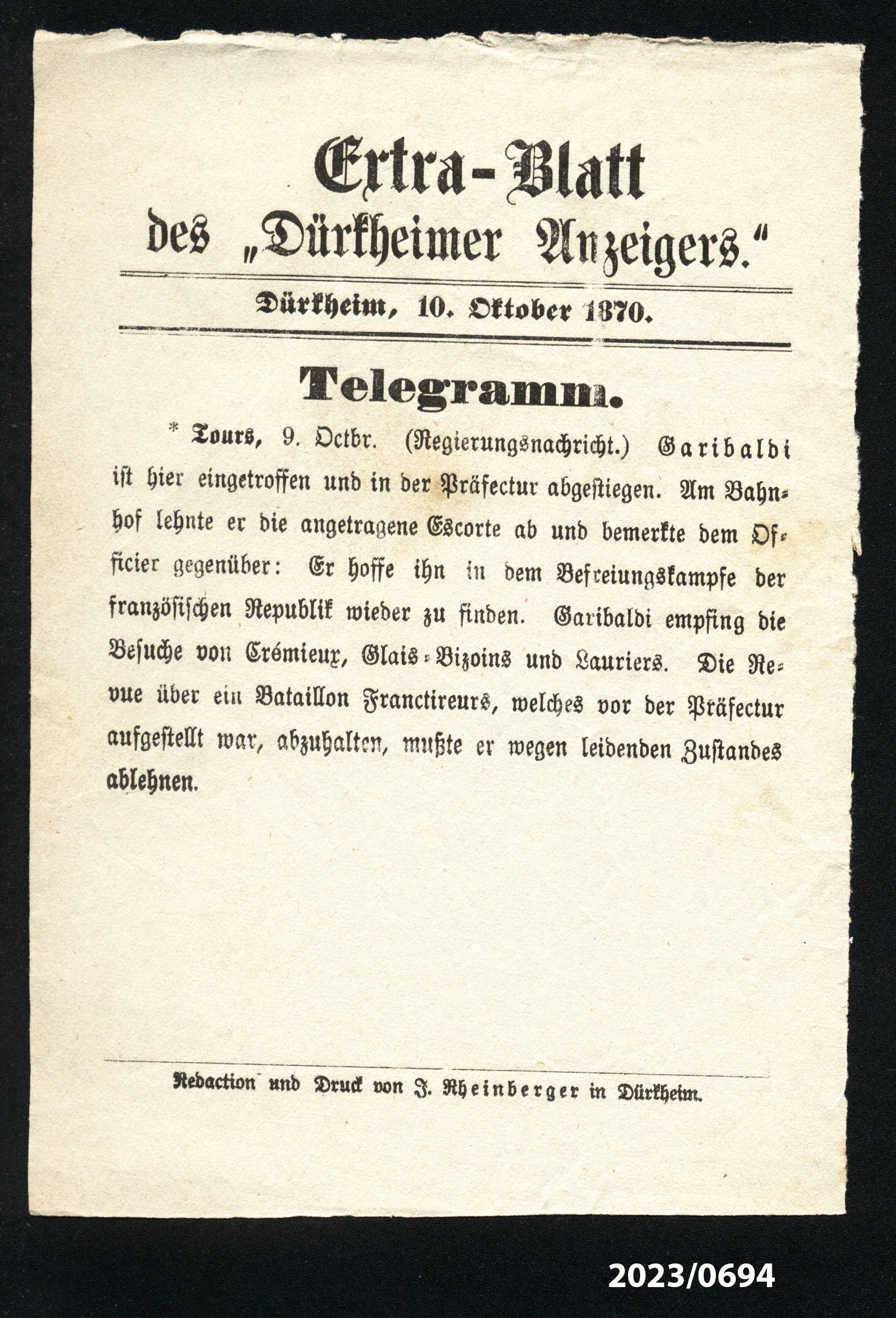 Extra-Blatt des "Dürkheimer Anzeigers." 10.10.1870 (Stadtmuseum Bad Dürkheim im Kulturzentrum Haus Catoir CC BY-NC-SA)