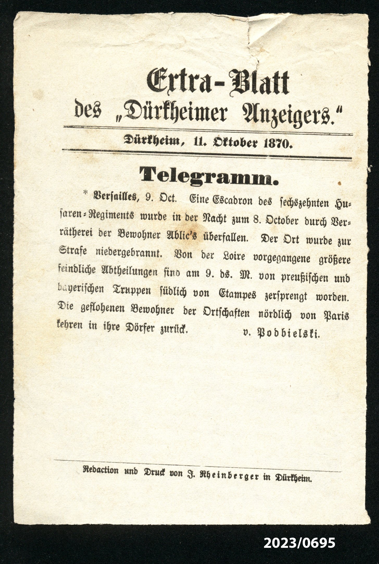 Extra-Blatt des "Dürkheimer Anzeigers." 11.10.1870 (Stadtmuseum Bad Dürkheim im Kulturzentrum Haus Catoir CC BY-NC-SA)
