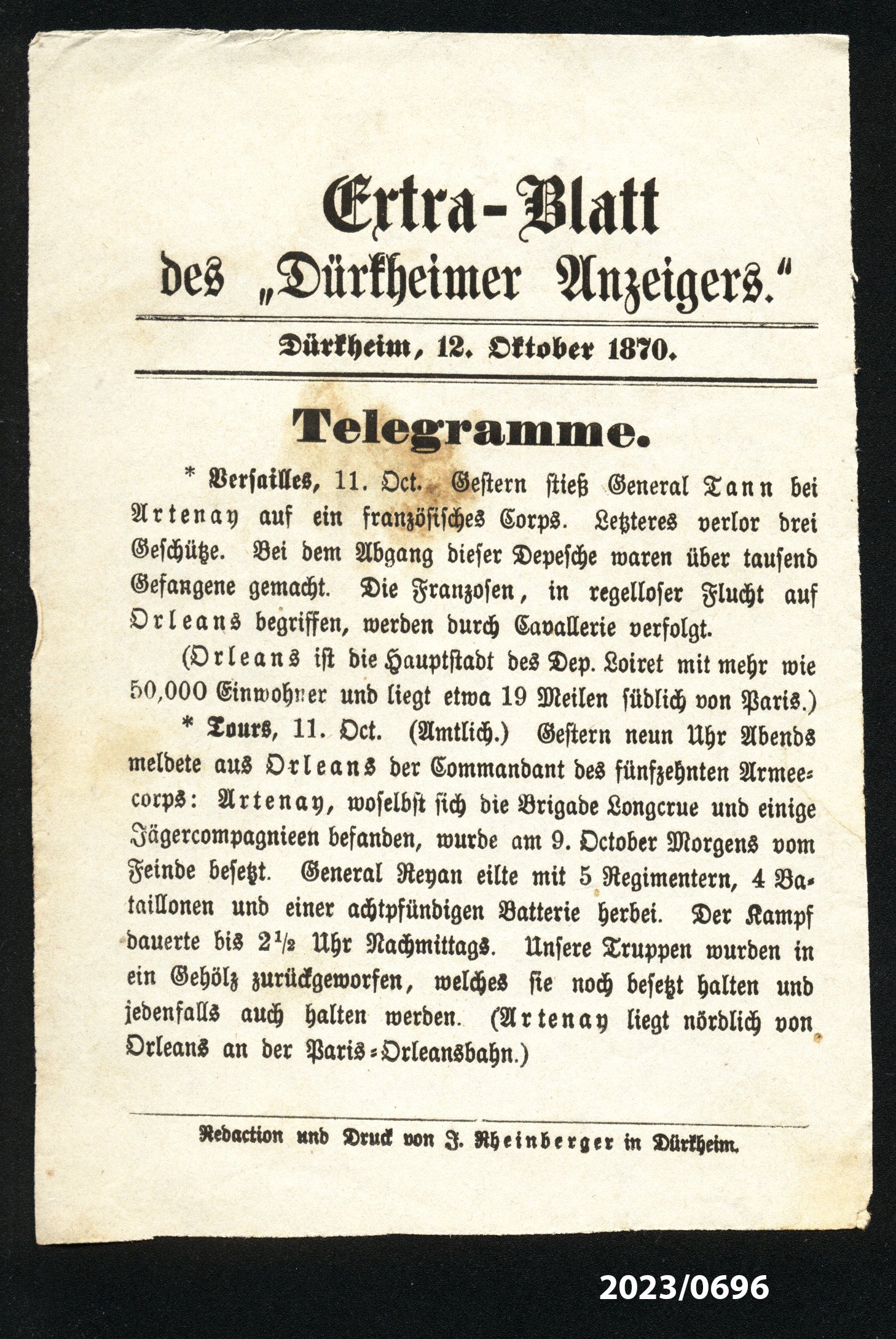 Extra-Blatt des "Dürkheimer Anzeigers." 12.10.1870 (Stadtmuseum Bad Dürkheim im Kulturzentrum Haus Catoir CC BY-NC-SA)
