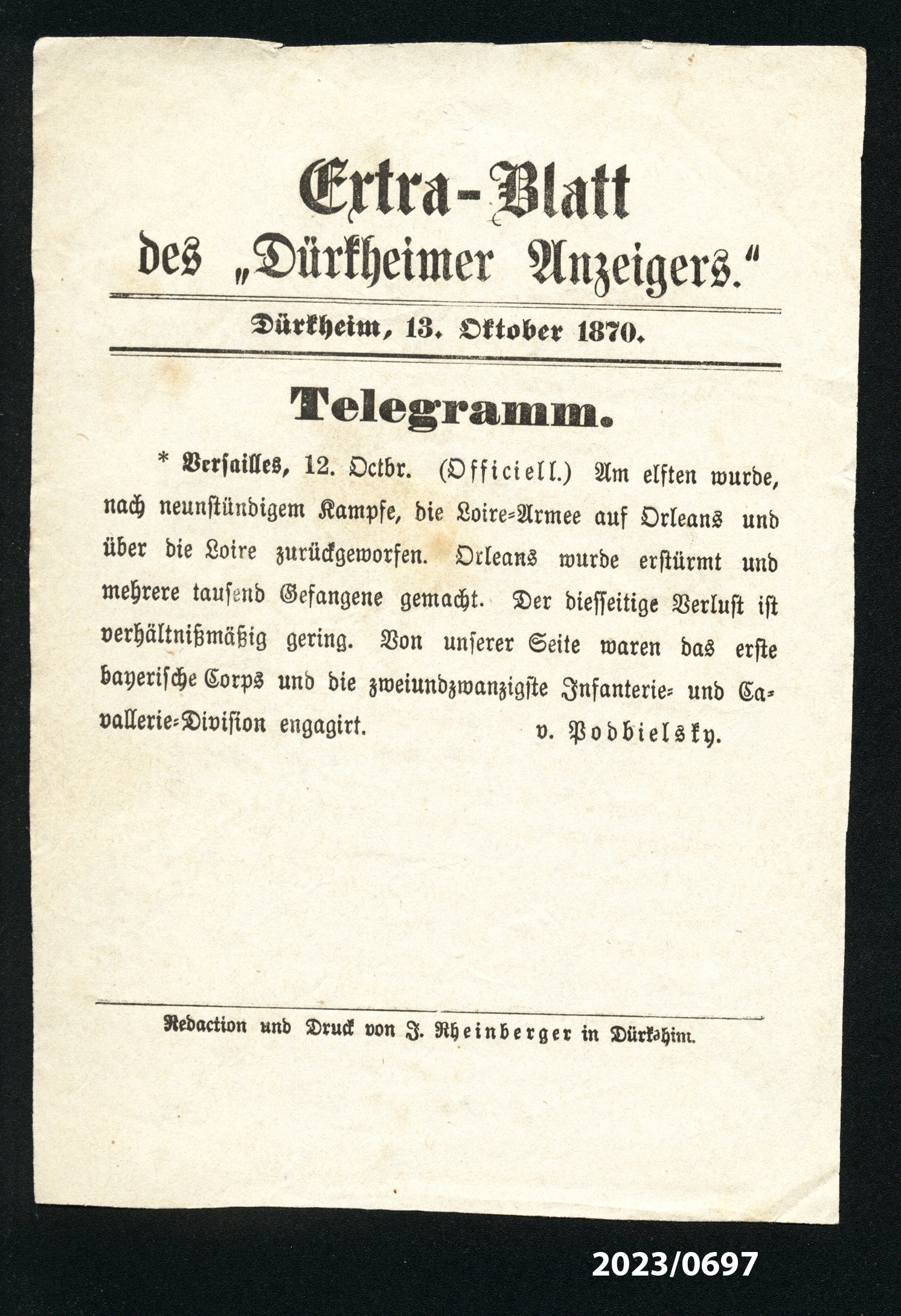 Extra-Blatt des "Dürkheimer Anzeigers." 13.10.1870 (Stadtmuseum Bad Dürkheim im Kulturzentrum Haus Catoir CC BY-NC-SA)