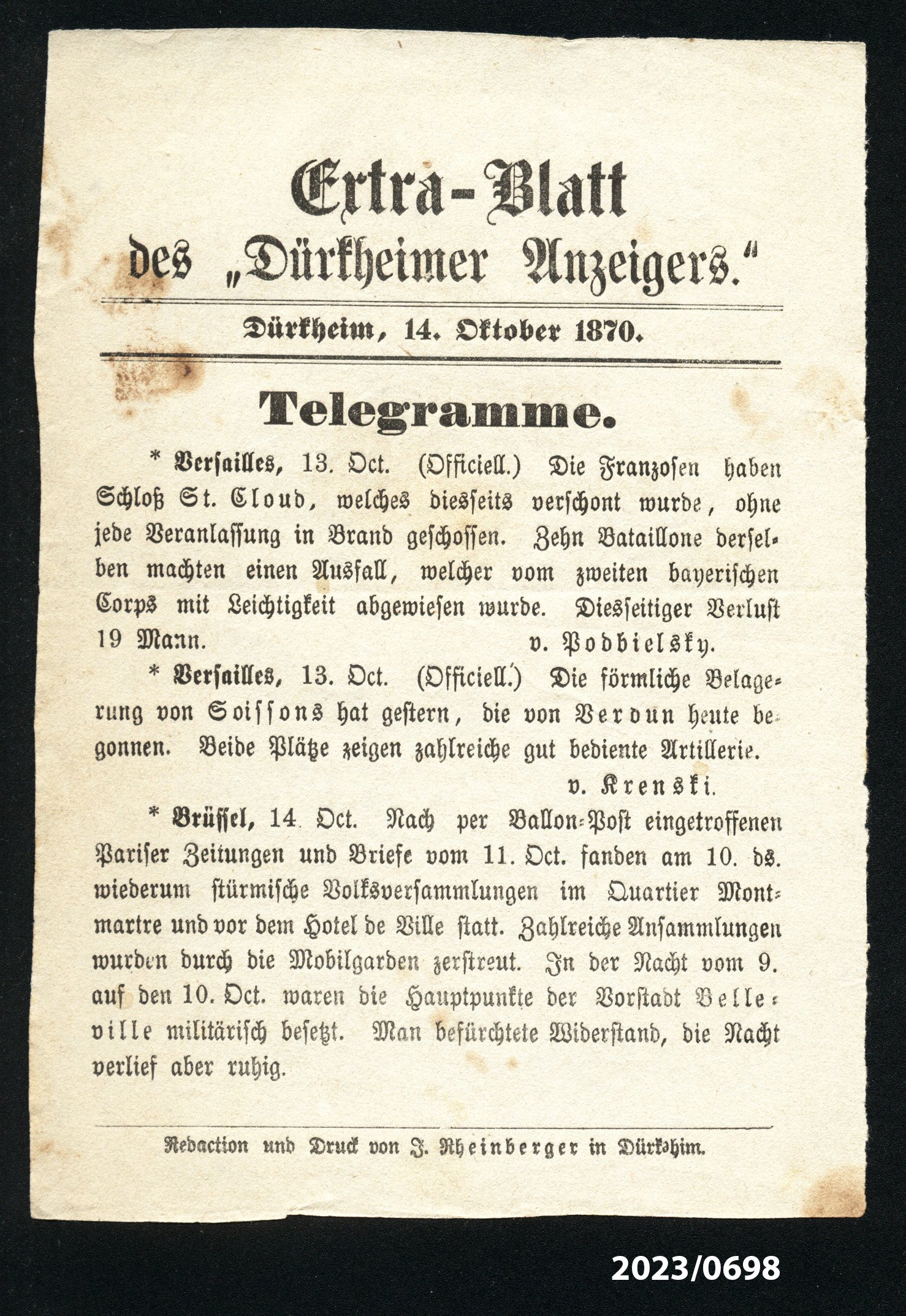 Extra-Blatt des "Dürkheimer Anzeigers." 14.10.1870 (Stadtmuseum Bad Dürkheim im Kulturzentrum Haus Catoir CC BY-NC-SA)