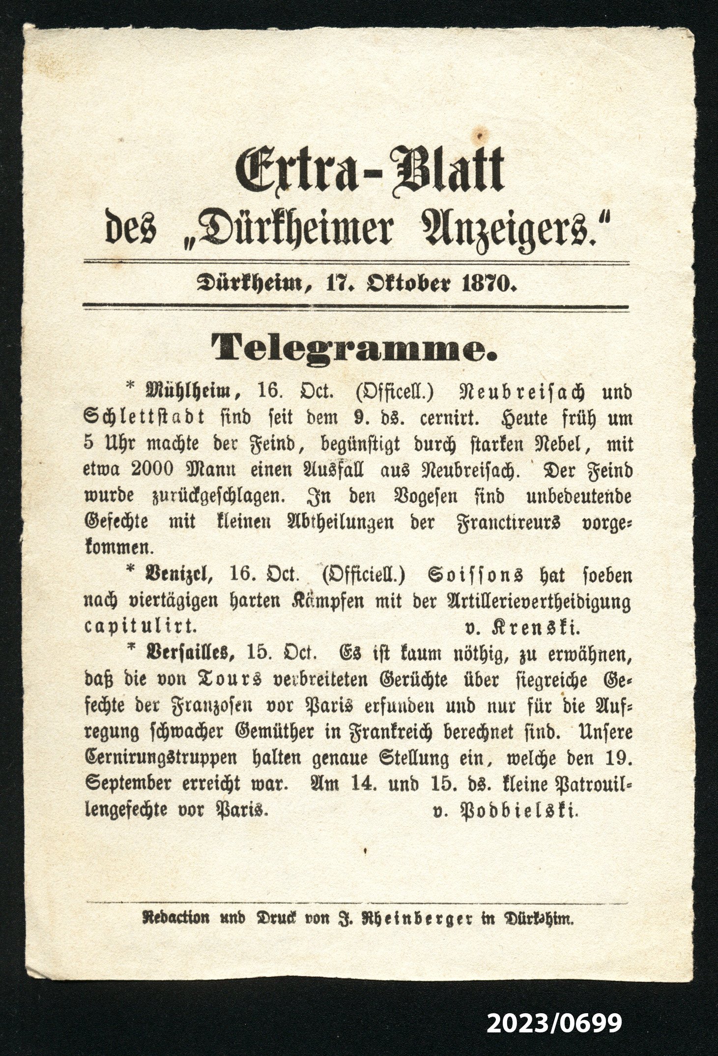 Extra-Blatt des "Dürkheimer Anzeigers." 17.10.1870 (Stadtmuseum Bad Dürkheim im Kulturzentrum Haus Catoir CC BY-NC-SA)