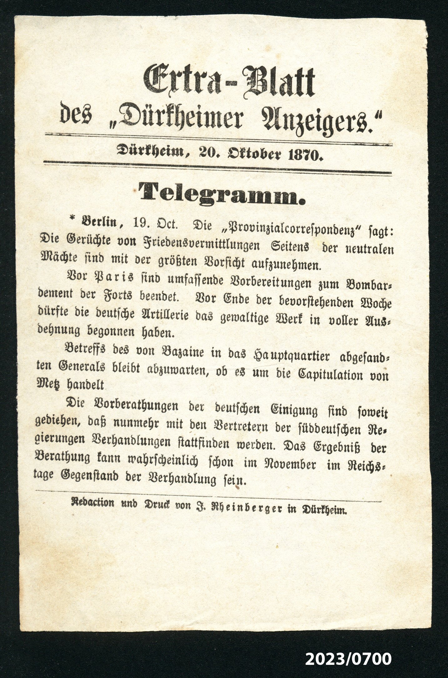 Extra-Blatt des "Dürkheimer Anzeigers." 20.10.1870 (Stadtmuseum Bad Dürkheim im Kulturzentrum Haus Catoir CC BY-NC-SA)