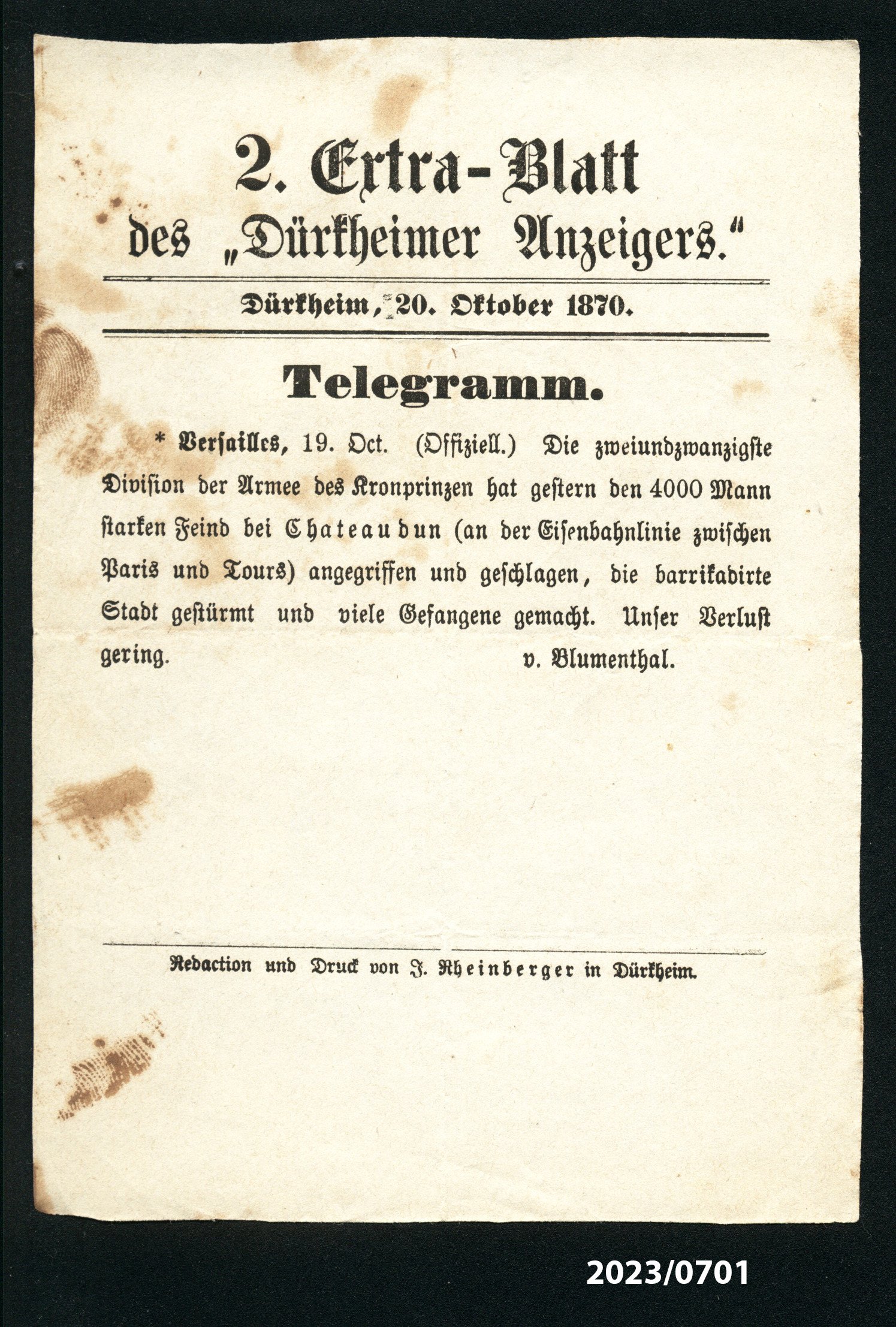 2. Extra-Blatt des "Dürkheimer Anzeigers." 20.10.1870 (Stadtmuseum Bad Dürkheim im Kulturzentrum Haus Catoir CC BY-NC-SA)