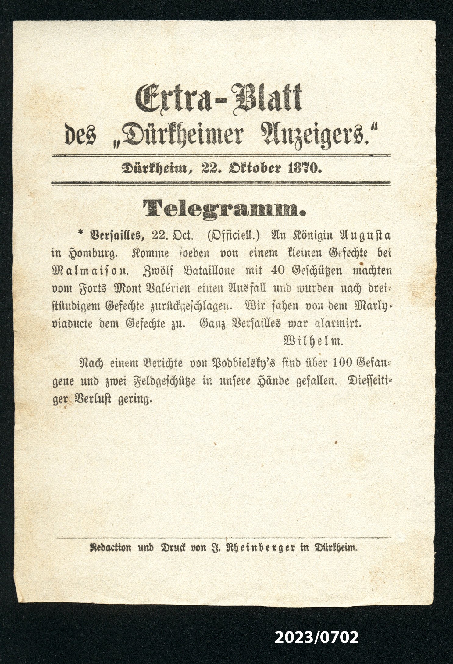 Extra-Blatt des "Dürkheimer Anzeigers." 22.10.1870 (Stadtmuseum Bad Dürkheim im Kulturzentrum Haus Catoir CC BY-NC-SA)