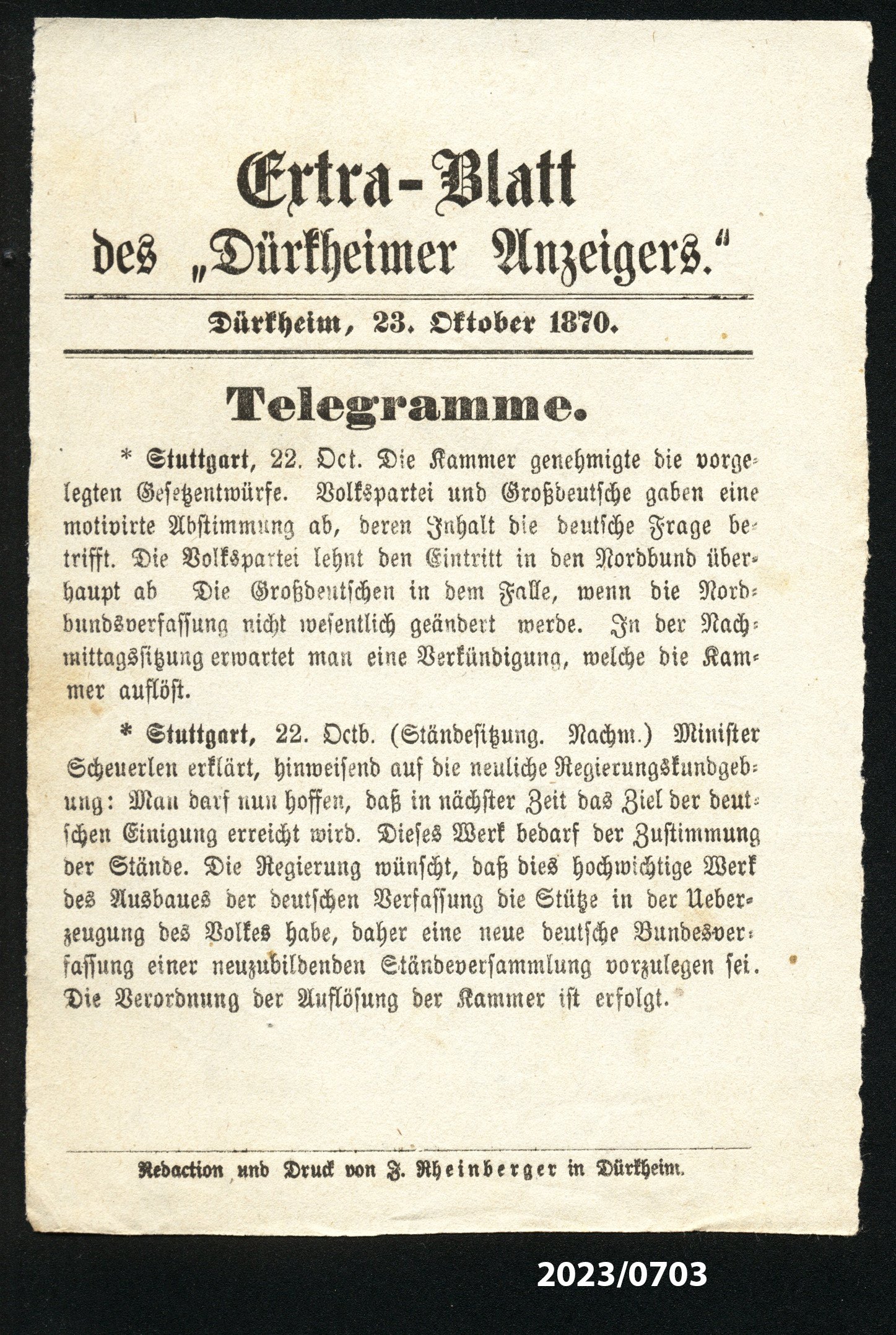 Extra-Blatt des "Dürkheimer Anzeigers." 23.10.1870 (Stadtmuseum Bad Dürkheim im Kulturzentrum Haus Catoir CC BY-NC-SA)