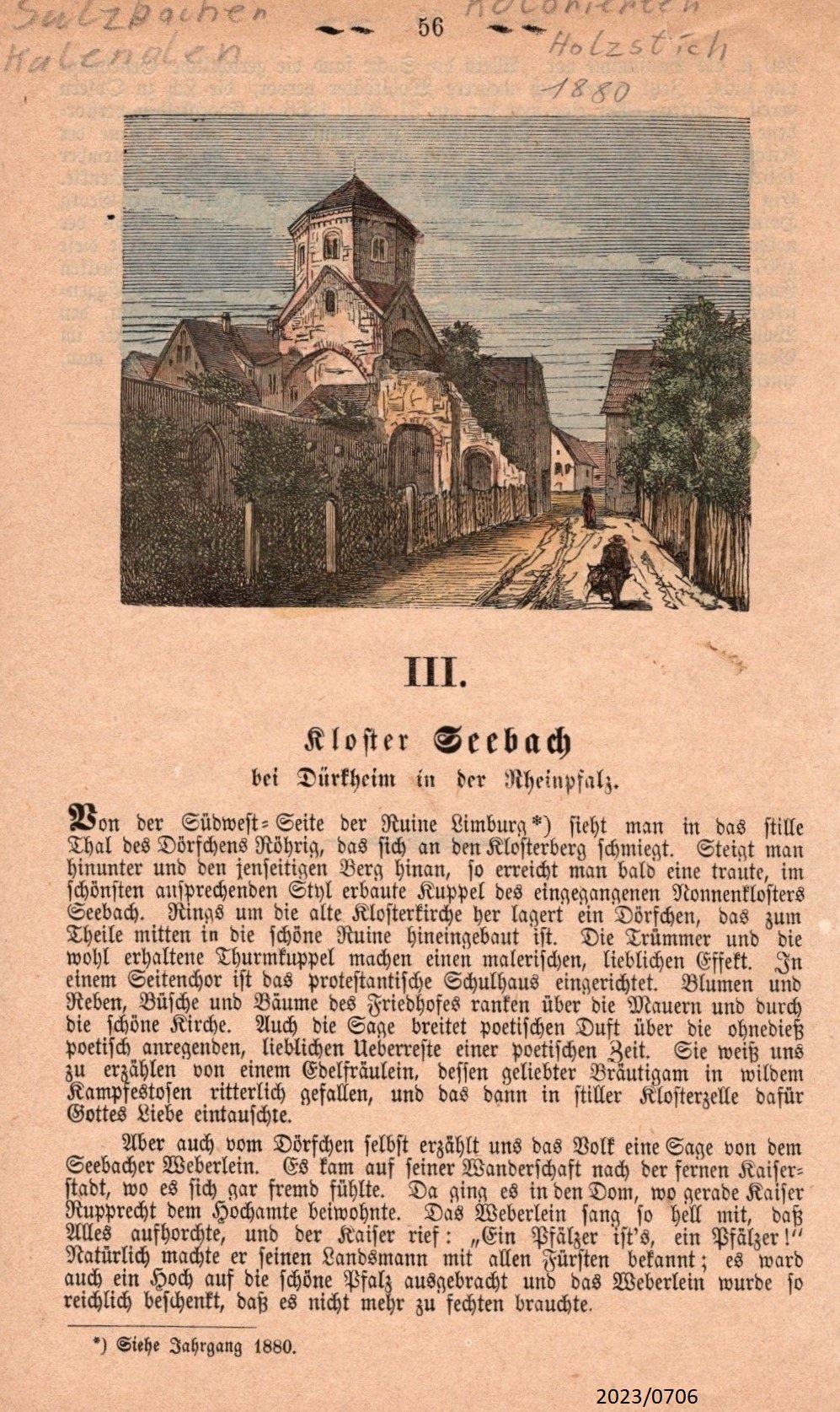 Kloster Seebach bei Bad Dürkheim - Sulzbacher Kalender 1880 (Stadtmuseum Bad Dürkheim im Kulturzentrum Haus Catoir CC BY-NC-SA)