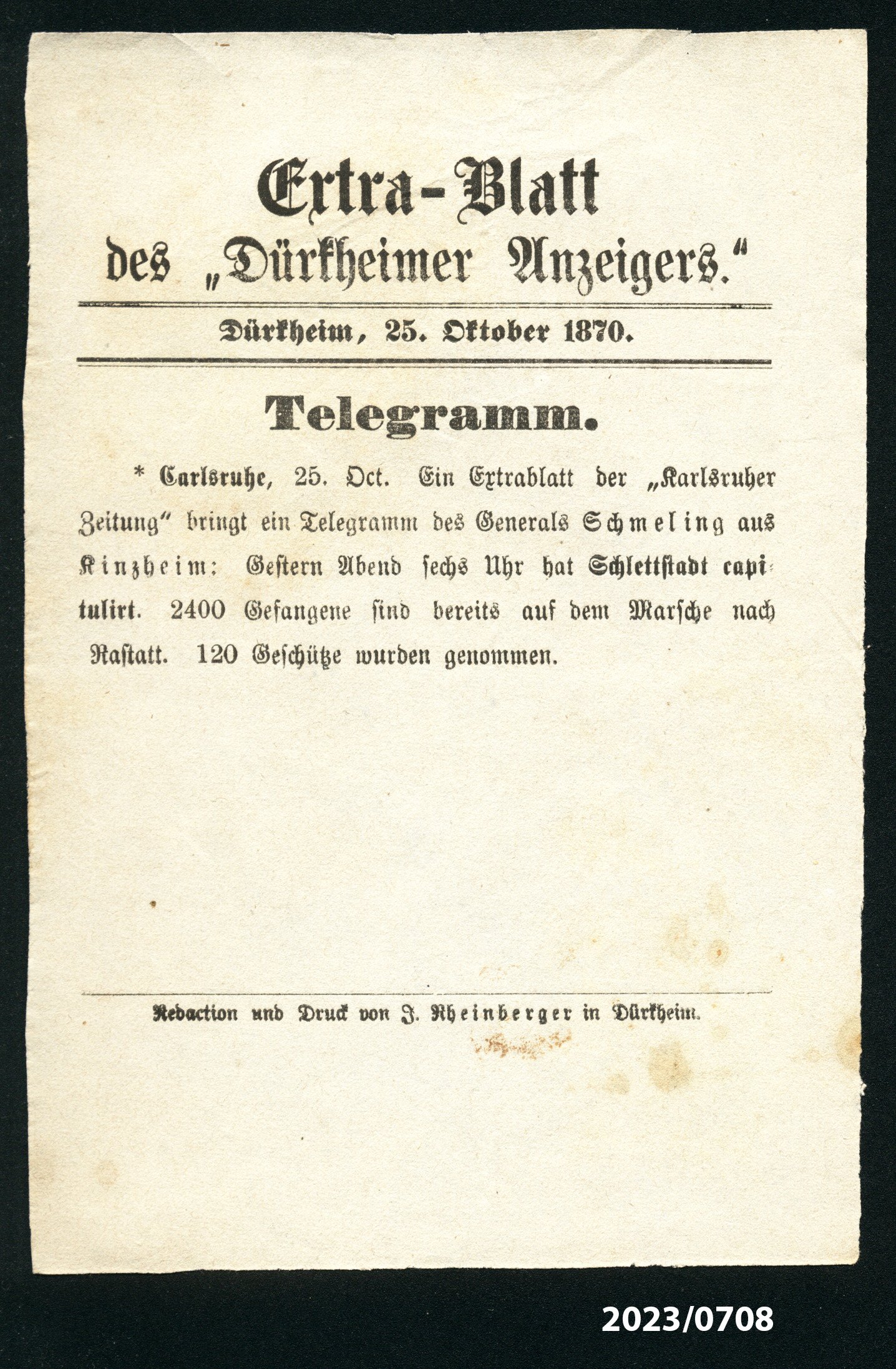 Extra-Blatt des "Dürkheimer Anzeigers." 25.10.1870 (Stadtmuseum Bad Dürkheim im Kulturzentrum Haus Catoir CC BY-NC-SA)