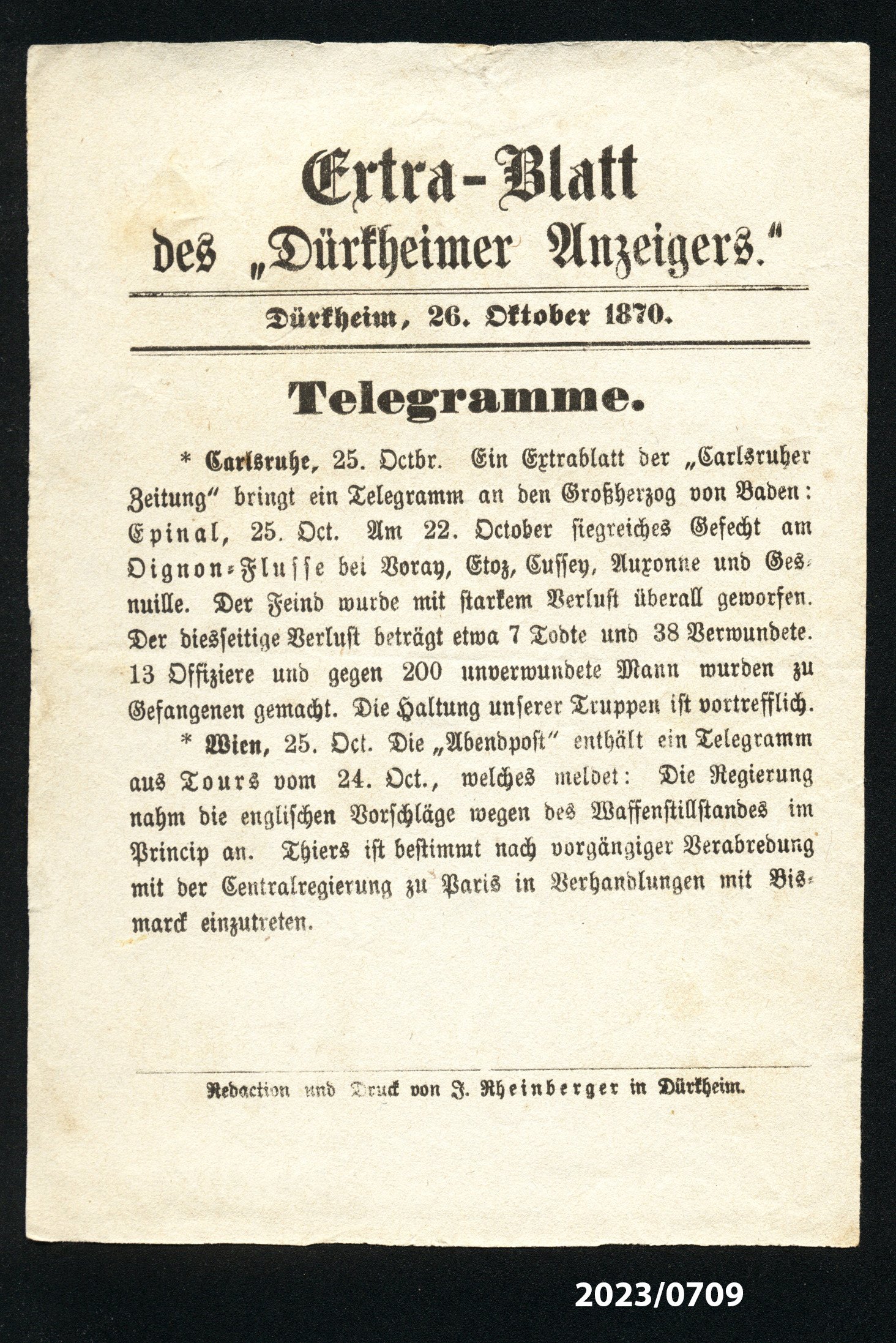 Extra-Blatt des "Dürkheimer Anzeigers." 26.10.1870 (Stadtmuseum Bad Dürkheim im Kulturzentrum Haus Catoir CC BY-NC-SA)