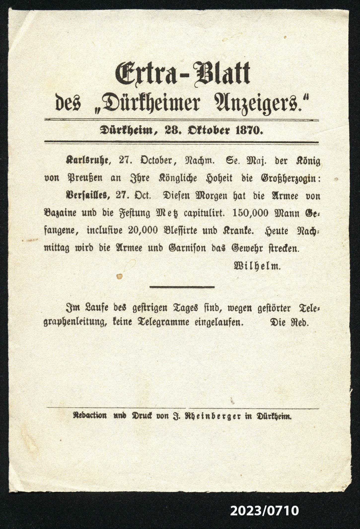Extra-Blatt des "Dürkheimer Anzeigers." 28.10.1870 (Stadtmuseum Bad Dürkheim im Kulturzentrum Haus Catoir CC BY-NC-SA)