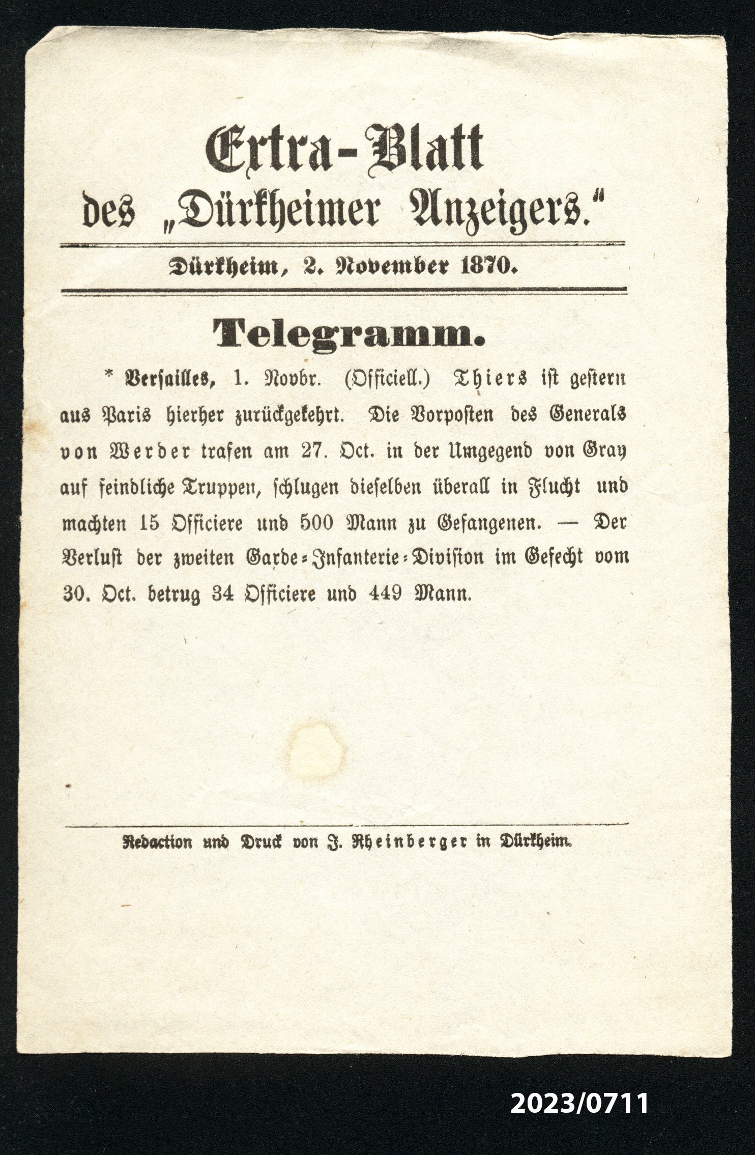 Extra-Blatt des "Dürkheimer Anzeigers." 2.11.1870 (Stadtmuseum Bad Dürkheim im Kulturzentrum Haus Catoir CC BY-NC-SA)