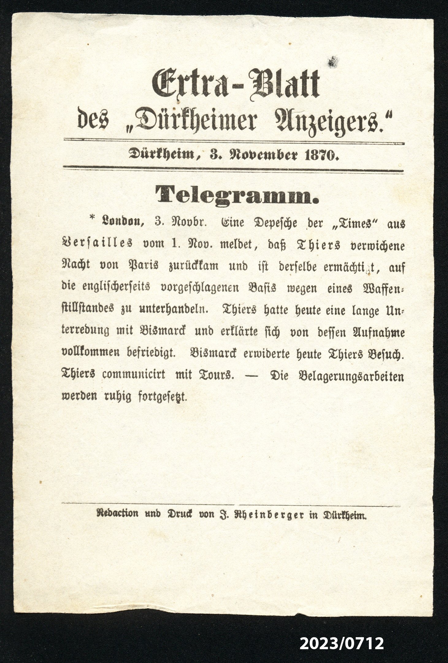Extra-Blatt des "Dürkheimer Anzeigers." 3.11.1870 (Stadtmuseum Bad Dürkheim im Kulturzentrum Haus Catoir CC BY-NC-SA)