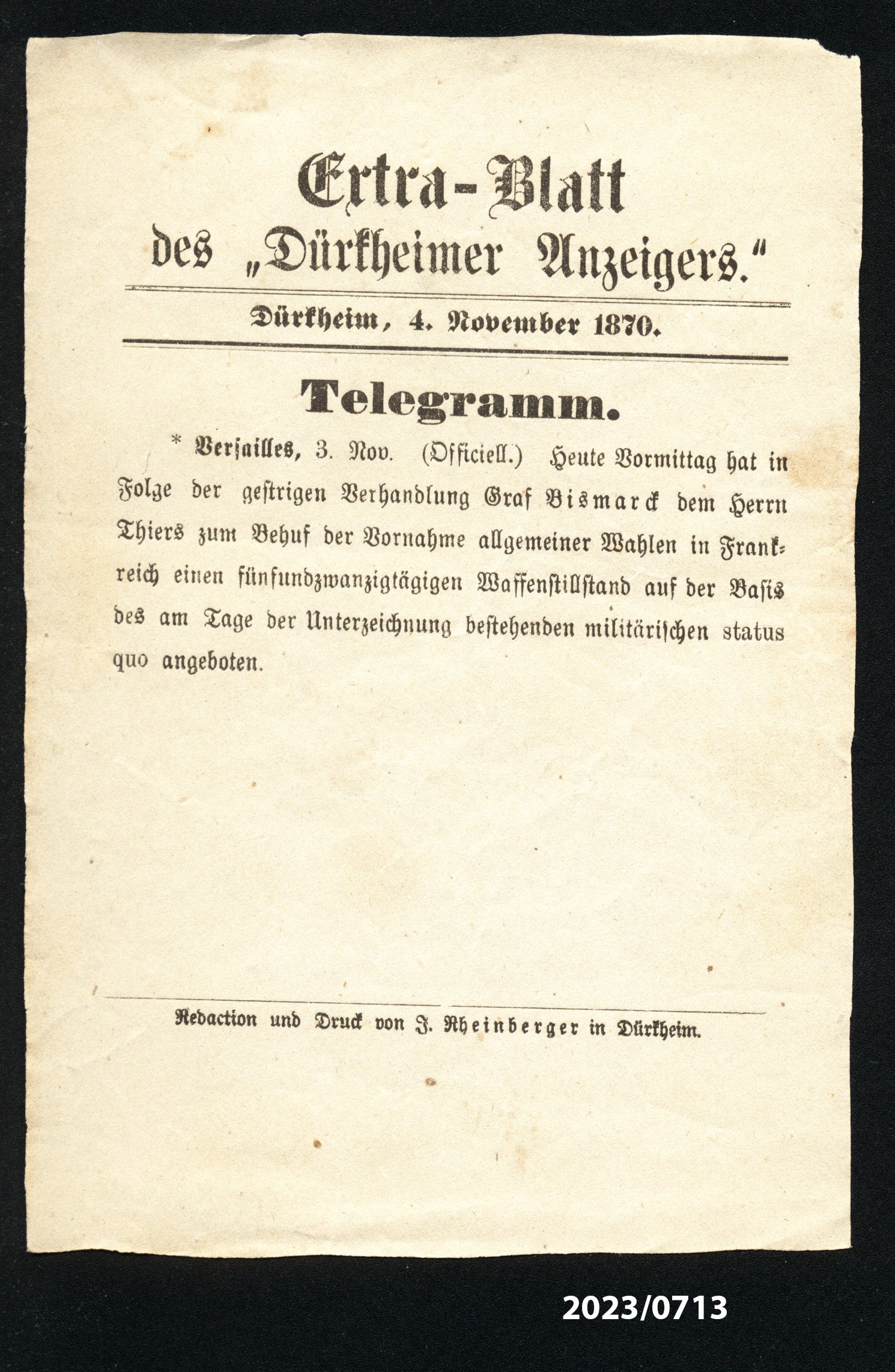 Extra-Blatt des "Dürkheimer Anzeigers." 4.11.1870 (Stadtmuseum Bad Dürkheim im Kulturzentrum Haus Catoir CC BY-NC-SA)