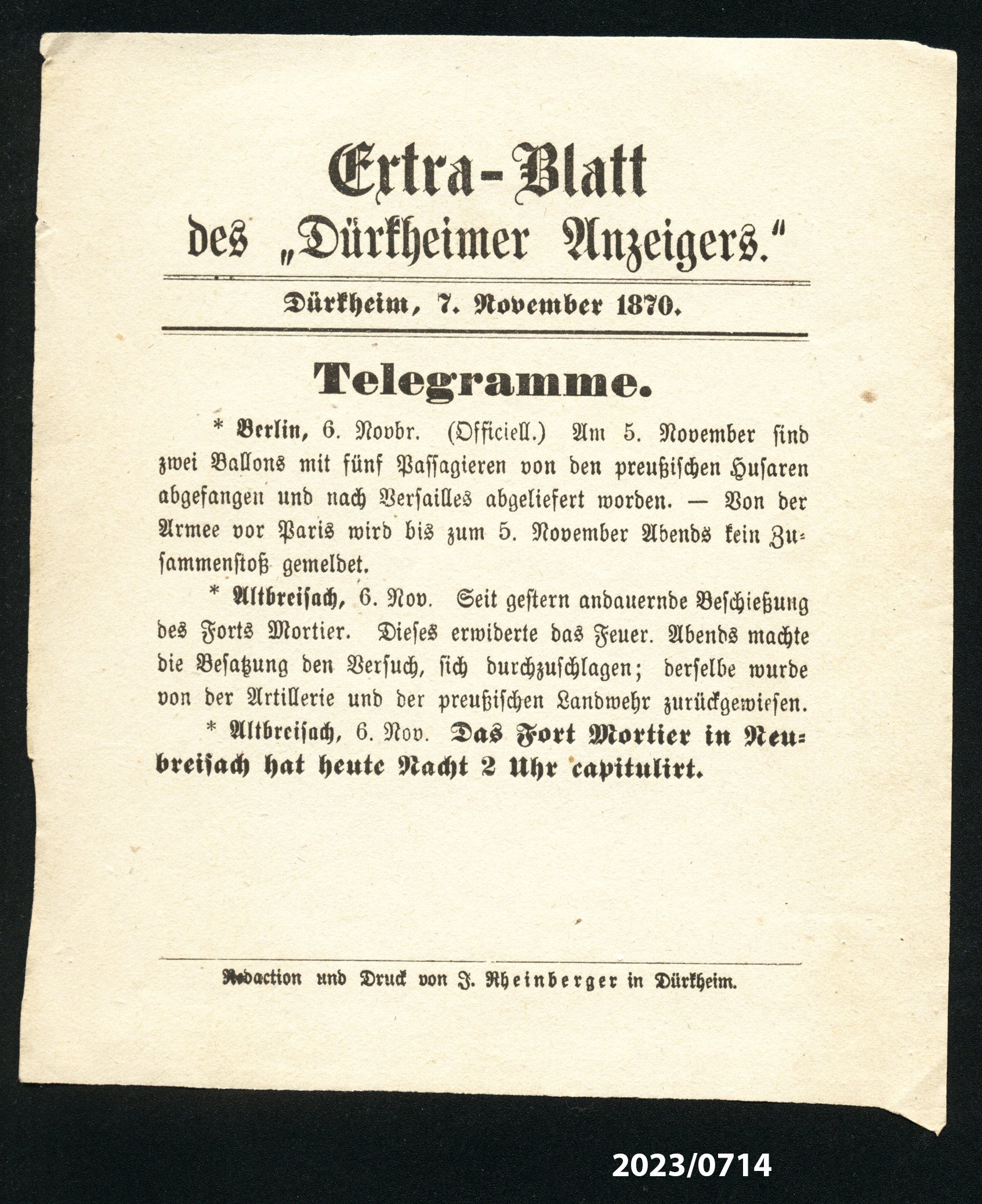 Extra-Blatt des "Dürkheimer Anzeigers." 7.11.1870 (Stadtmuseum Bad Dürkheim im Kulturzentrum Haus Catoir CC BY-NC-SA)