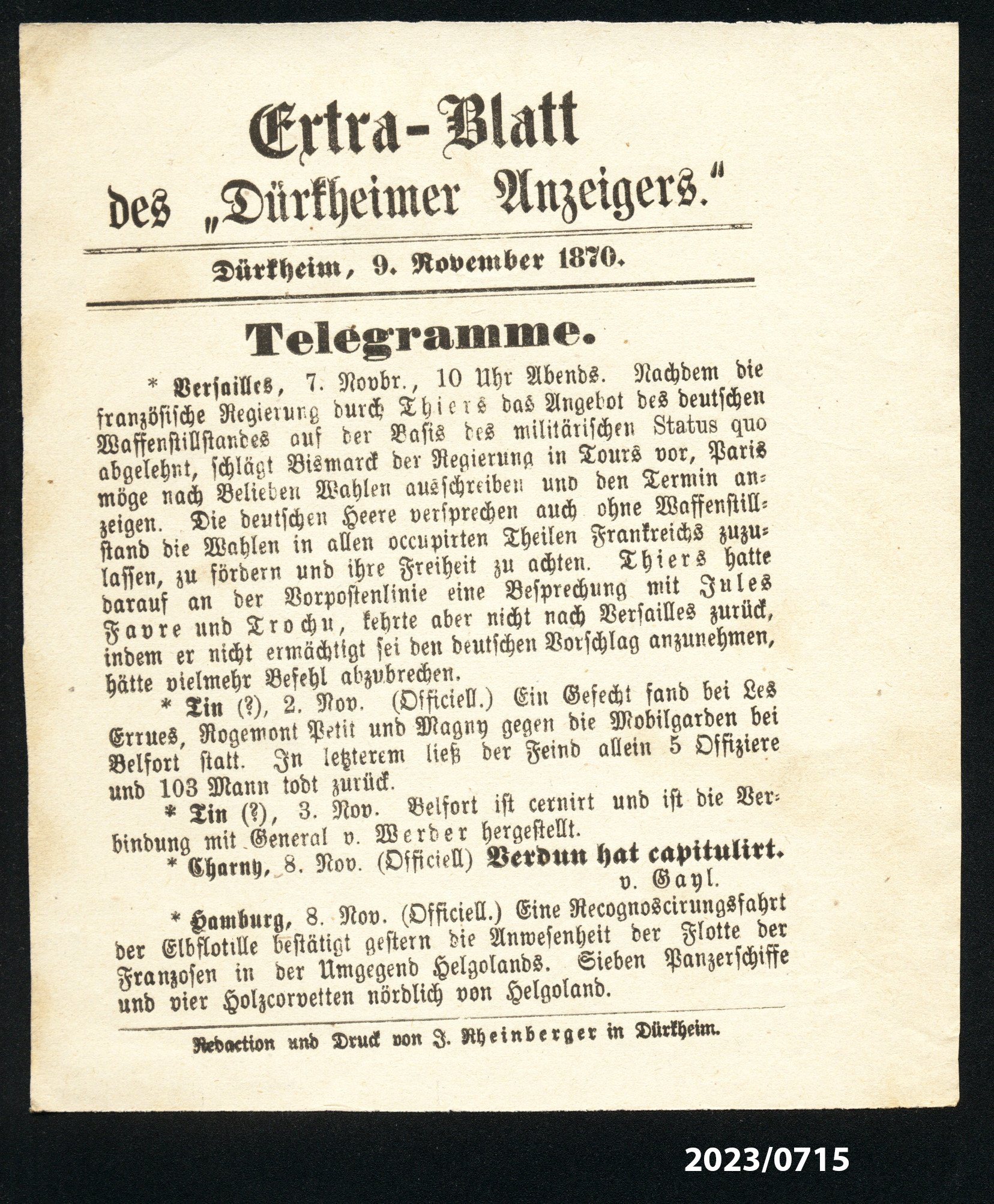 Extra-Blatt des "Dürkheimer Anzeigers." 9.11.1870 (Stadtmuseum Bad Dürkheim im Kulturzentrum Haus Catoir CC BY-NC-SA)