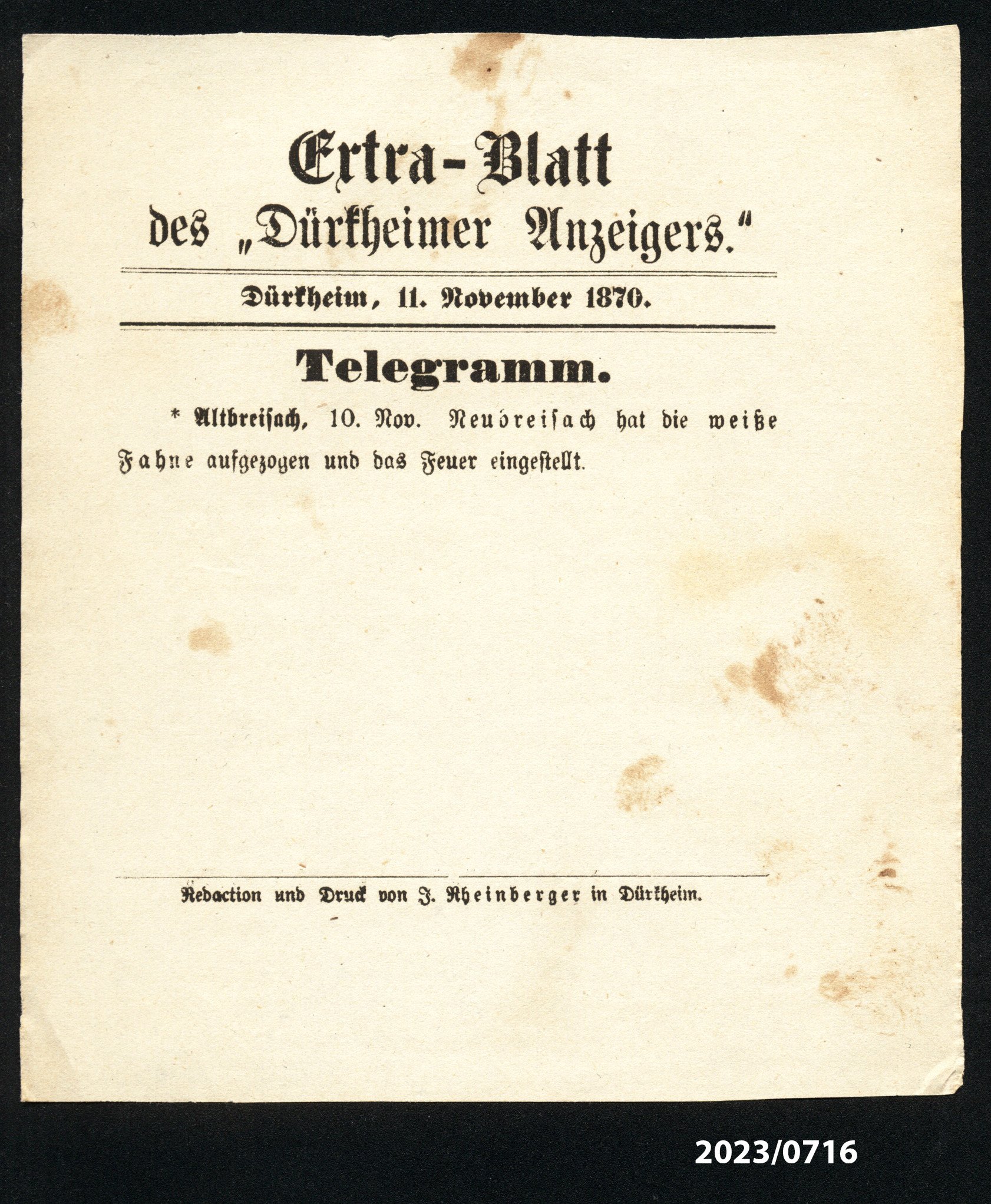 Extra-Blatt des "Dürkheimer Anzeigers." 11.11.1870 (Stadtmuseum Bad Dürkheim im Kulturzentrum Haus Catoir CC BY-NC-SA)