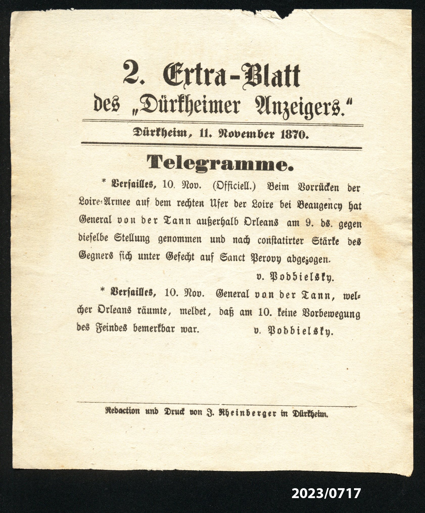 2. Extra-Blatt des "Dürkheimer Anzeigers." 11.11.1870 (Stadtmuseum Bad Dürkheim im Kulturzentrum Haus Catoir CC BY-NC-SA)