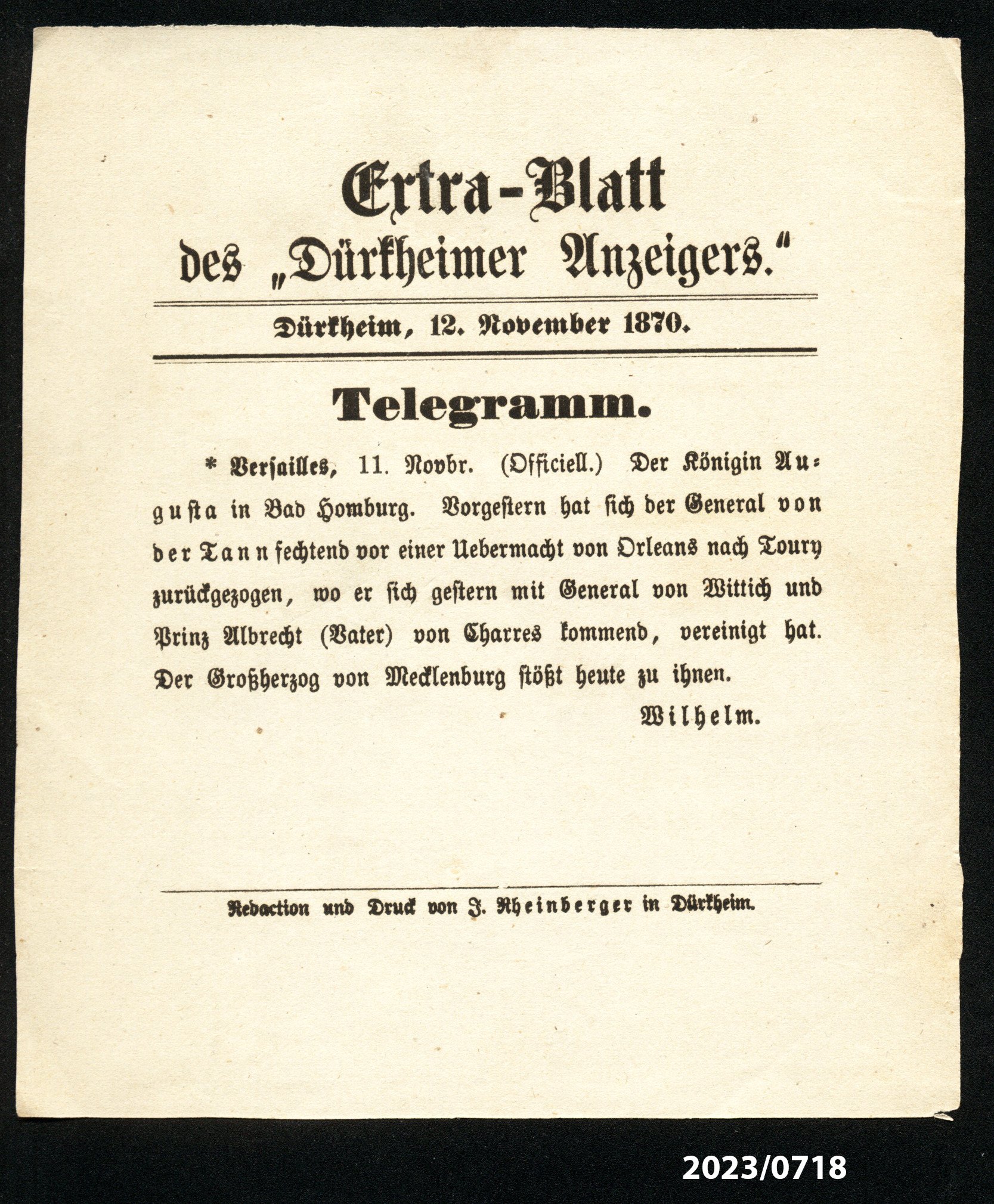Extra-Blatt des "Dürkheimer Anzeigers." 12.11.1870 (Stadtmuseum Bad Dürkheim im Kulturzentrum Haus Catoir CC BY-NC-SA)