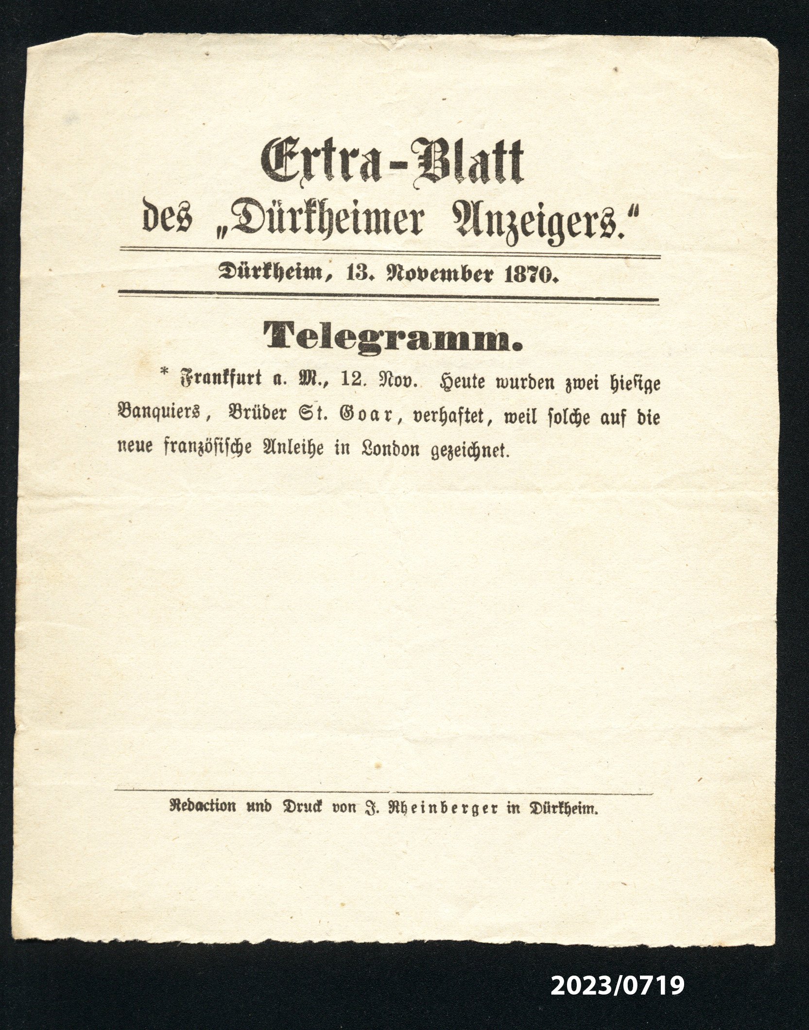 Extra-Blatt des "Dürkheimer Anzeigers." 13.11.1870 (Stadtmuseum Bad Dürkheim im Kulturzentrum Haus Catoir CC BY-NC-SA)