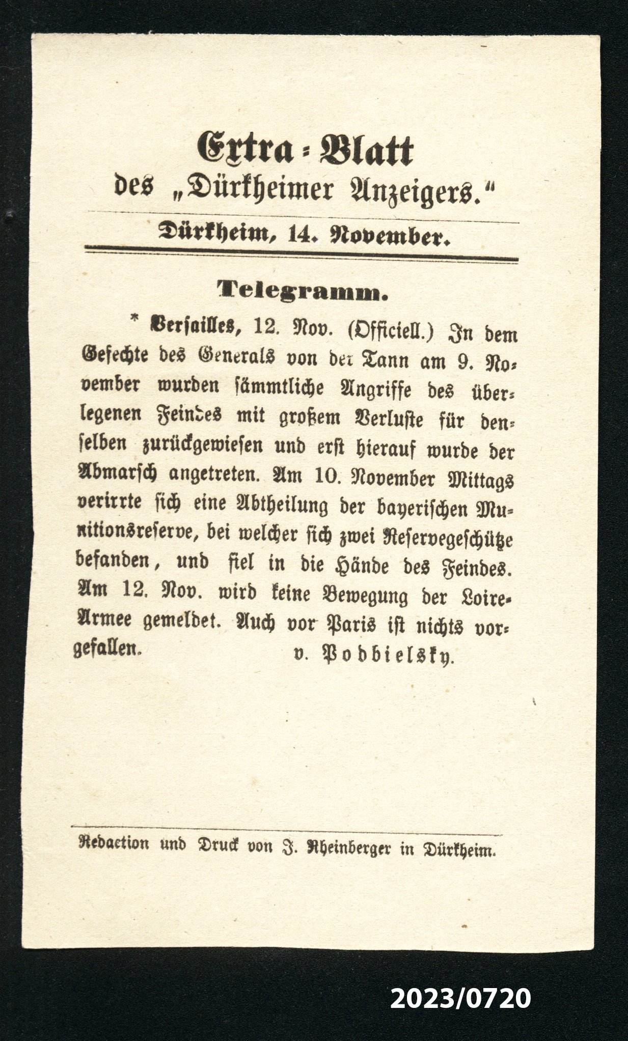 Extra-Blatt des "Dürkheimer Anzeigers." 14.11.1870 (Stadtmuseum Bad Dürkheim im Kulturzentrum Haus Catoir CC BY-NC-SA)