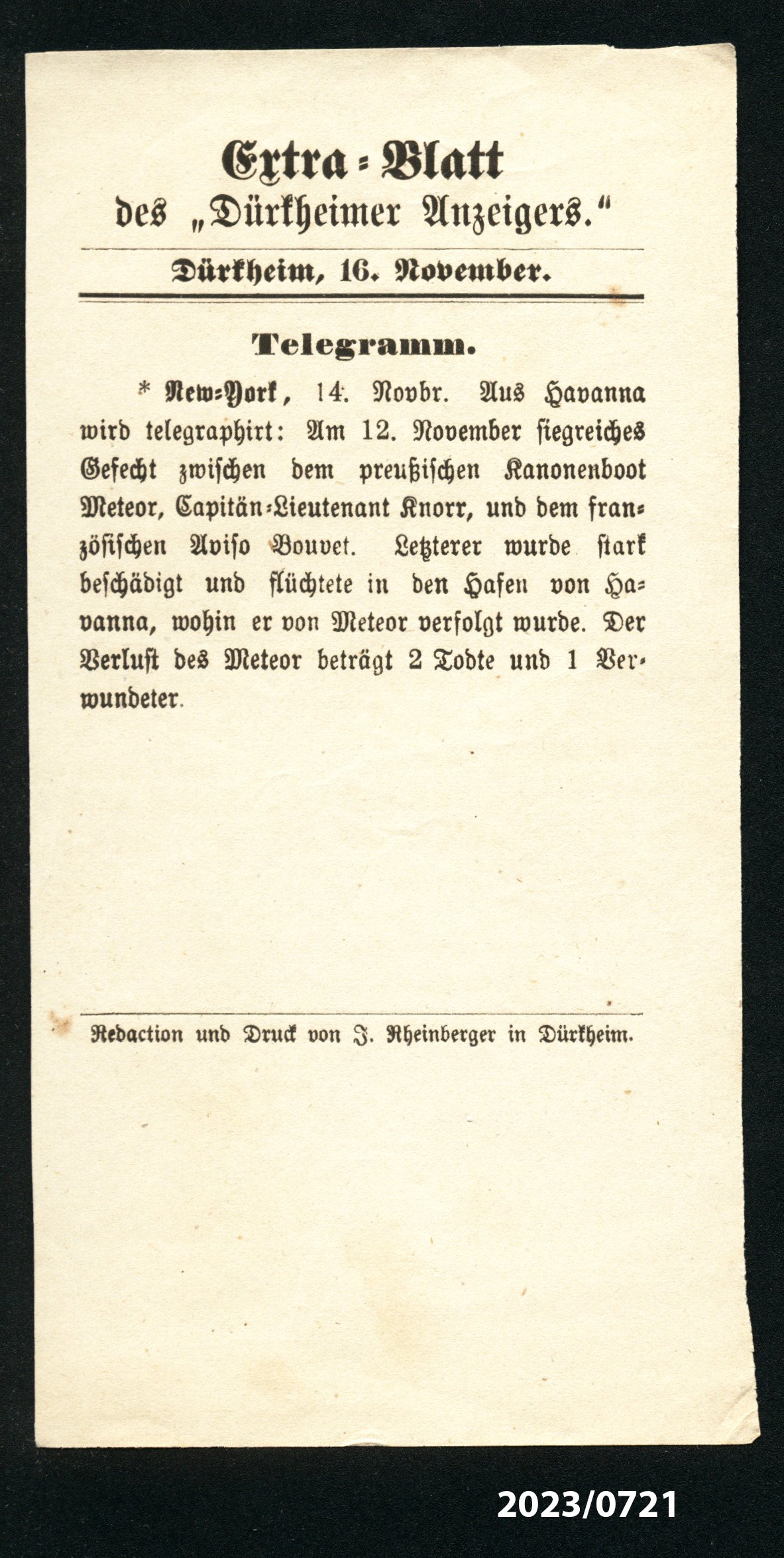 Extra-Blatt des "Dürkheimer Anzeigers." 16.11.1870 (Stadtmuseum Bad Dürkheim im Kulturzentrum Haus Catoir CC BY-NC-SA)