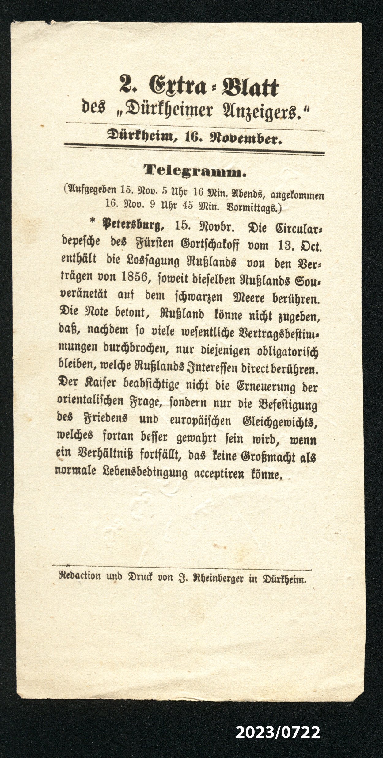 2. Extra-Blatt des "Dürkheimer Anzeigers." 16.11.1870 (Stadtmuseum Bad Dürkheim im Kulturzentrum Haus Catoir CC BY-NC-SA)