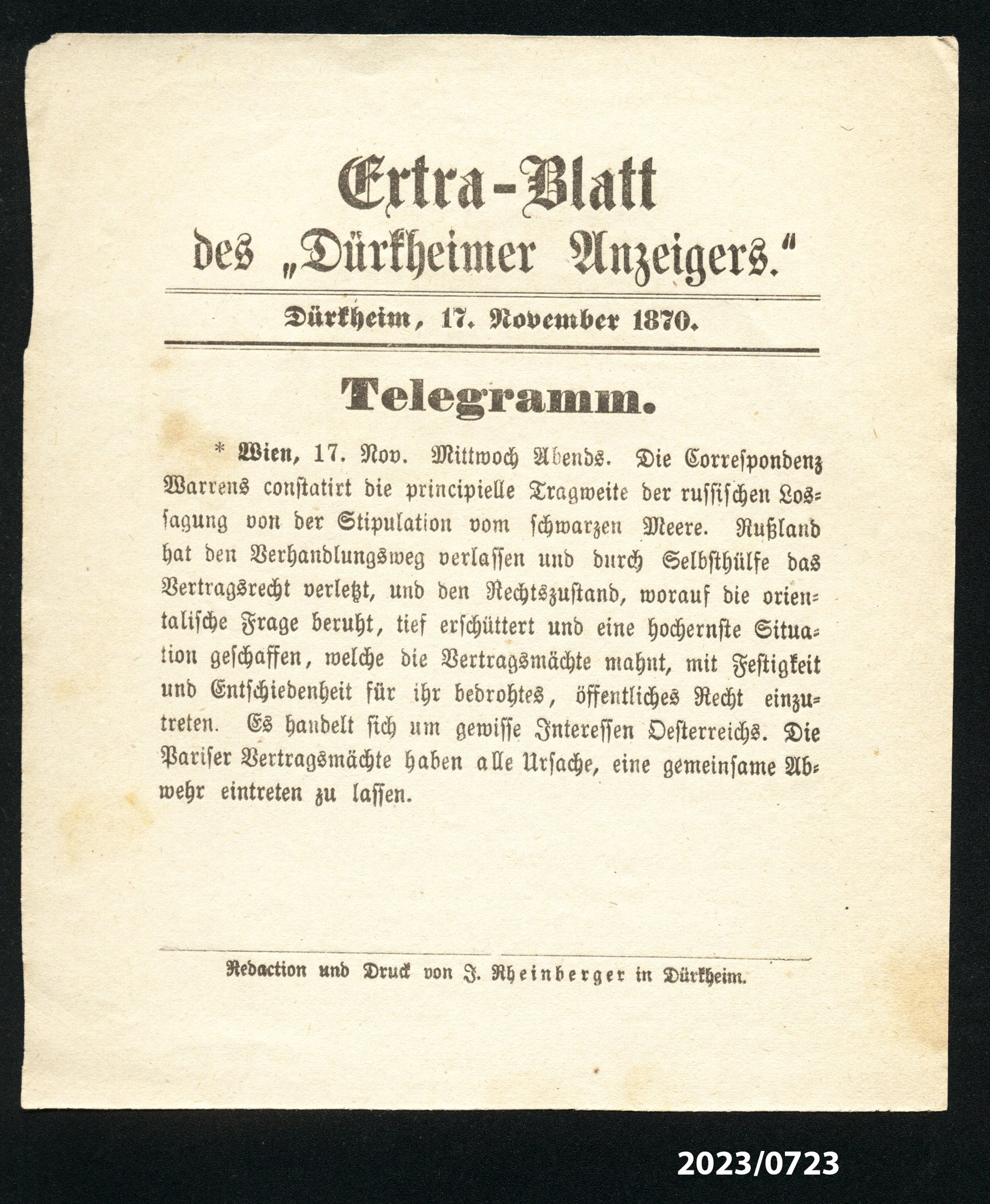 Extra-Blatt des "Dürkheimer Anzeigers." 17.11.1870 (Stadtmuseum Bad Dürkheim im Kulturzentrum Haus Catoir CC BY-NC-SA)