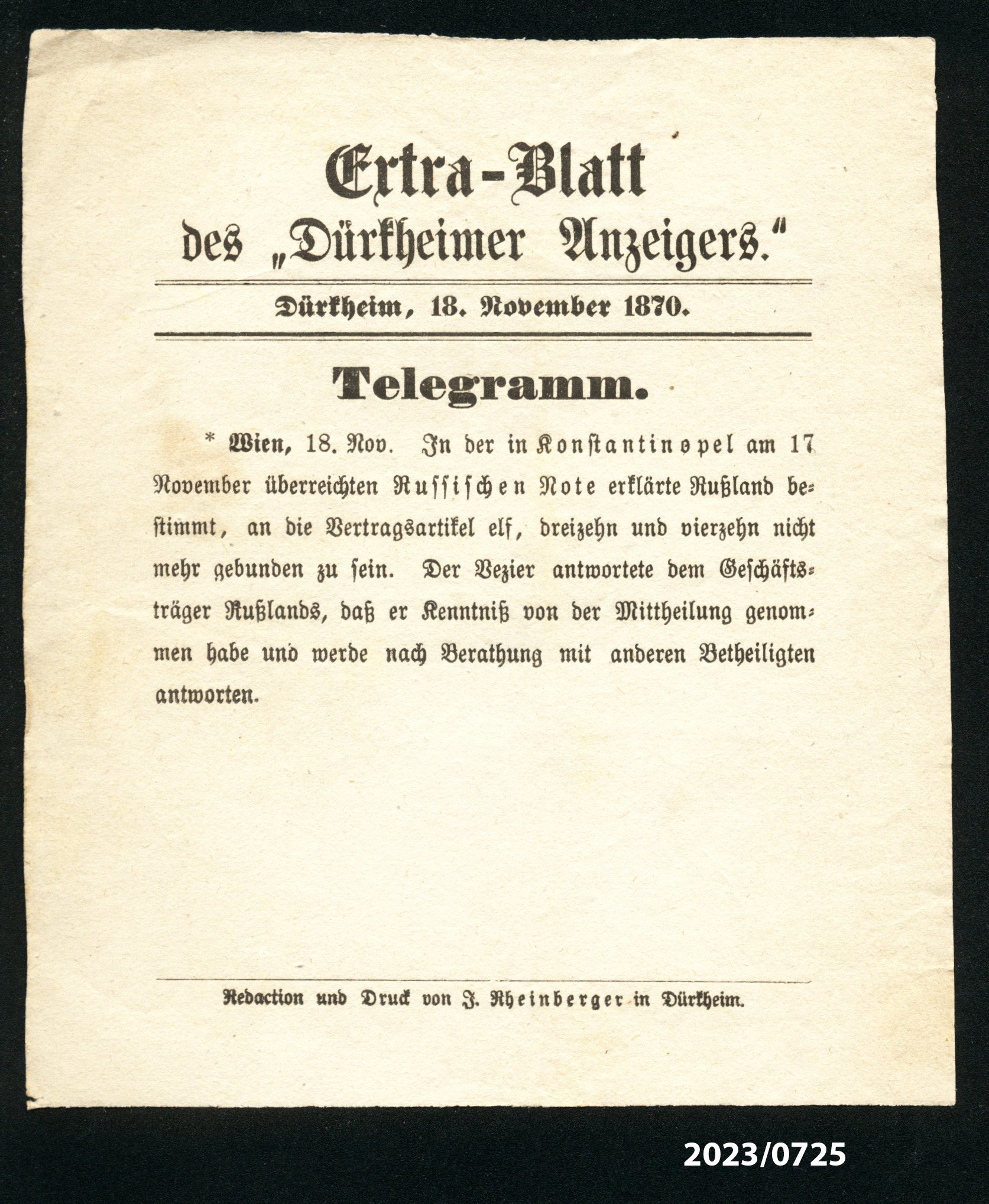 Extra-Blatt des "Dürkheimer Anzeigers." 18.11.1870 (Stadtmuseum Bad Dürkheim im Kulturzentrum Haus Catoir CC BY-NC-SA)