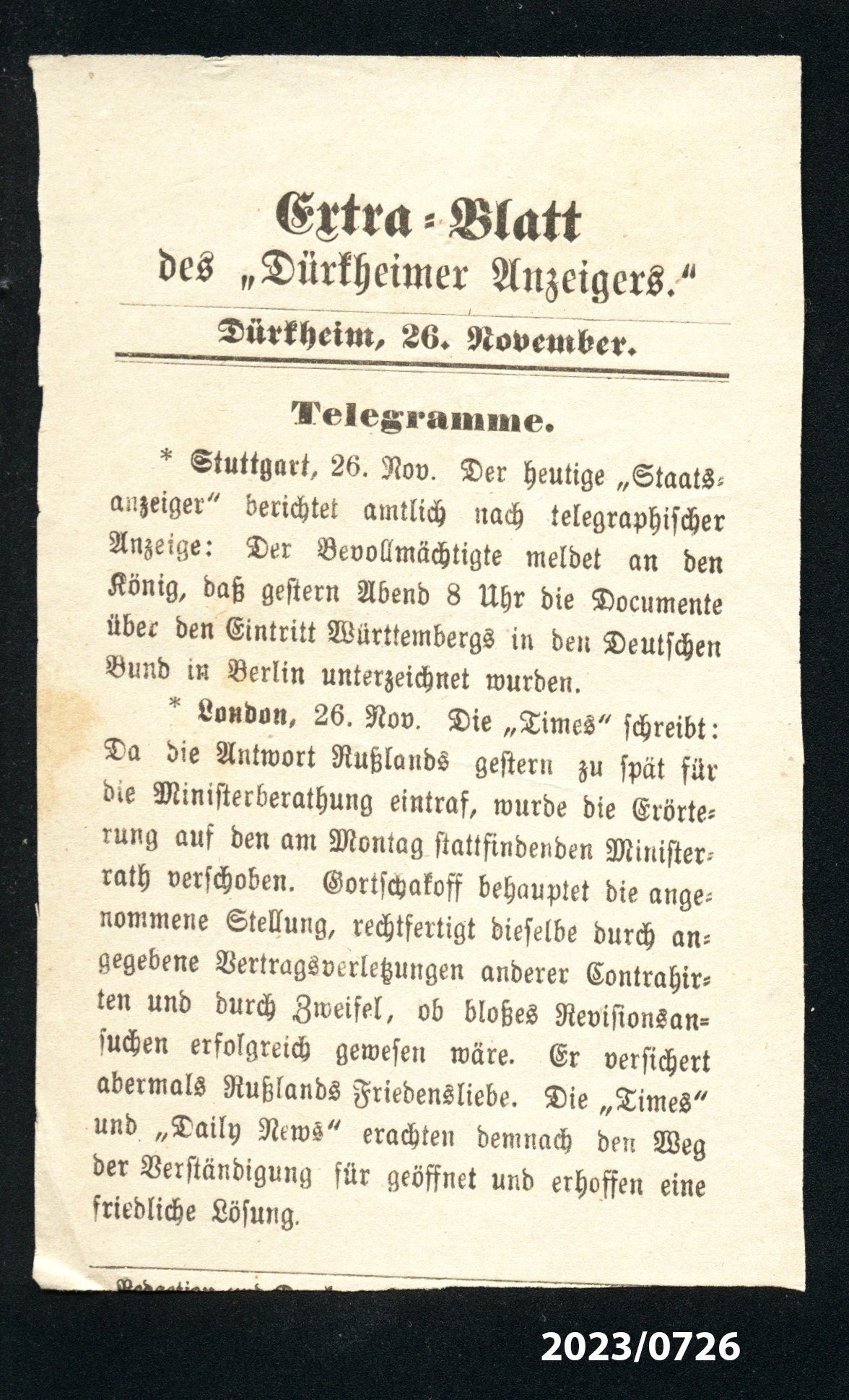 Extra-Blatt des "Dürkheimer Anzeigers." 26.11.1870 (Stadtmuseum Bad Dürkheim im Kulturzentrum Haus Catoir CC BY-NC-SA)