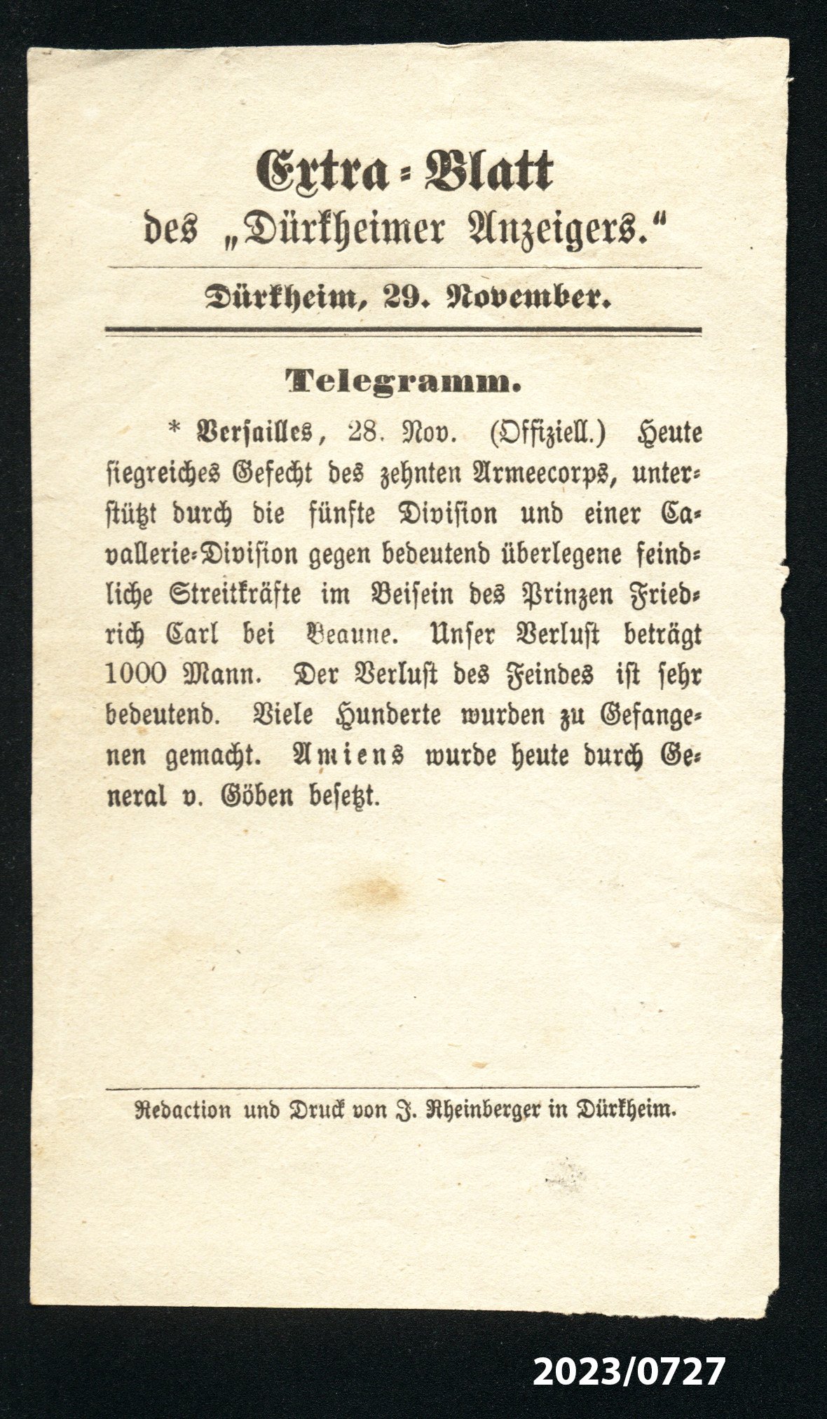 Extra-Blatt des "Dürkheimer Anzeigers." 29.11.1870 (Stadtmuseum Bad Dürkheim im Kulturzentrum Haus Catoir CC BY-NC-SA)